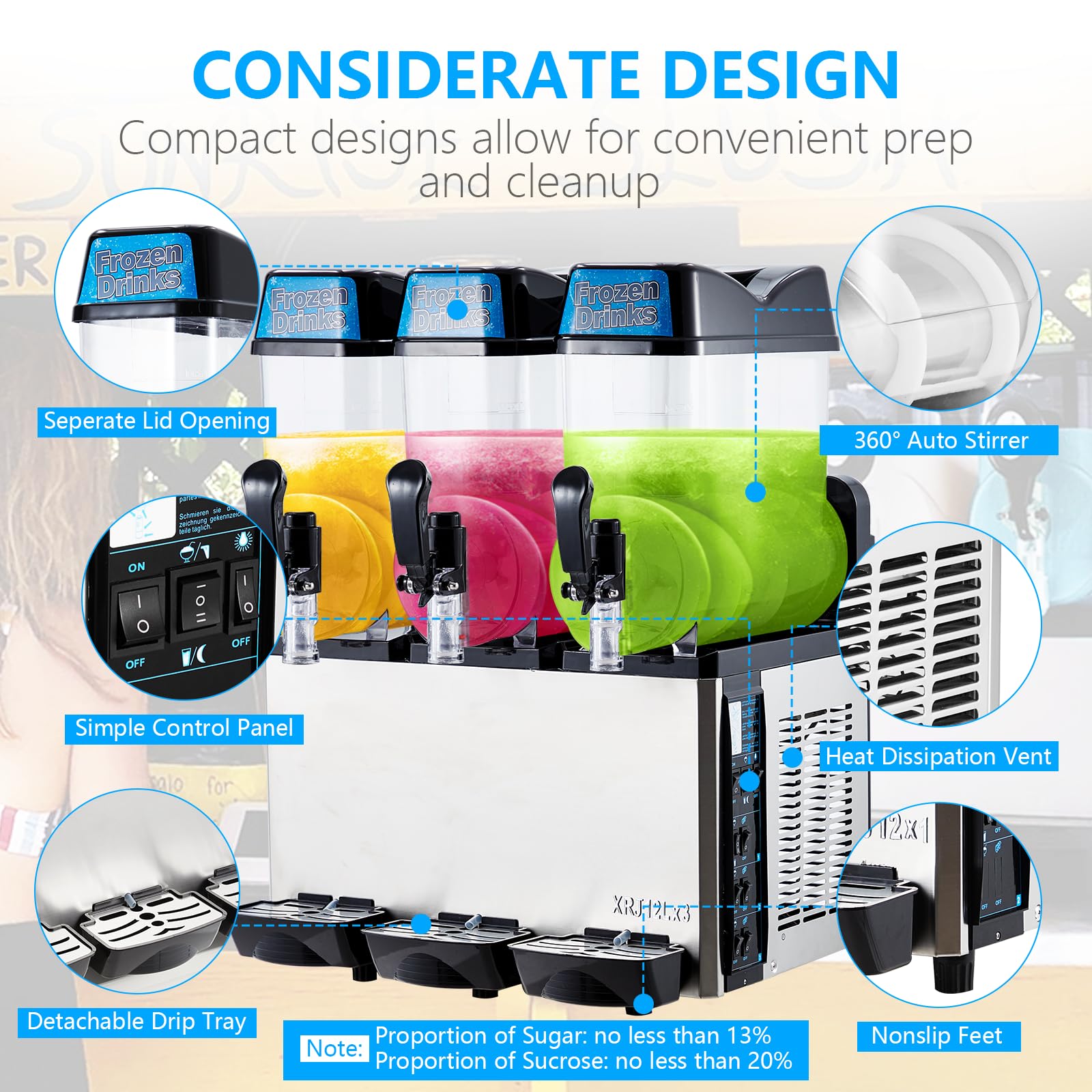 Garvee Commercial Slushy Machine 36L (12L x3) 660W – Stainless Steel & Food-Grade PC Tanks for Restaurants, Bars, Events
