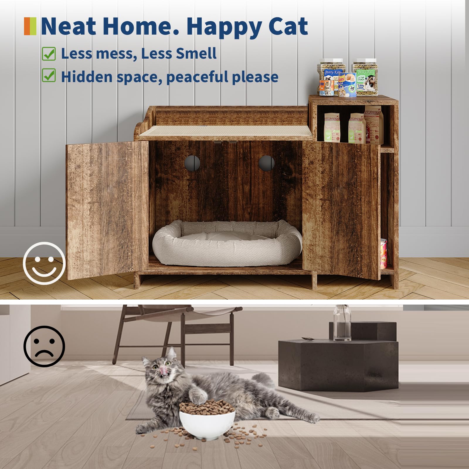 Garvee Cat Litter Box Enclosure Furniture Hidden Litter Box Cabinet Indoor Wooden Cat Washroom Side End Table with Storage Retro Color 33.9in L x 19.7in W x 24.2in H