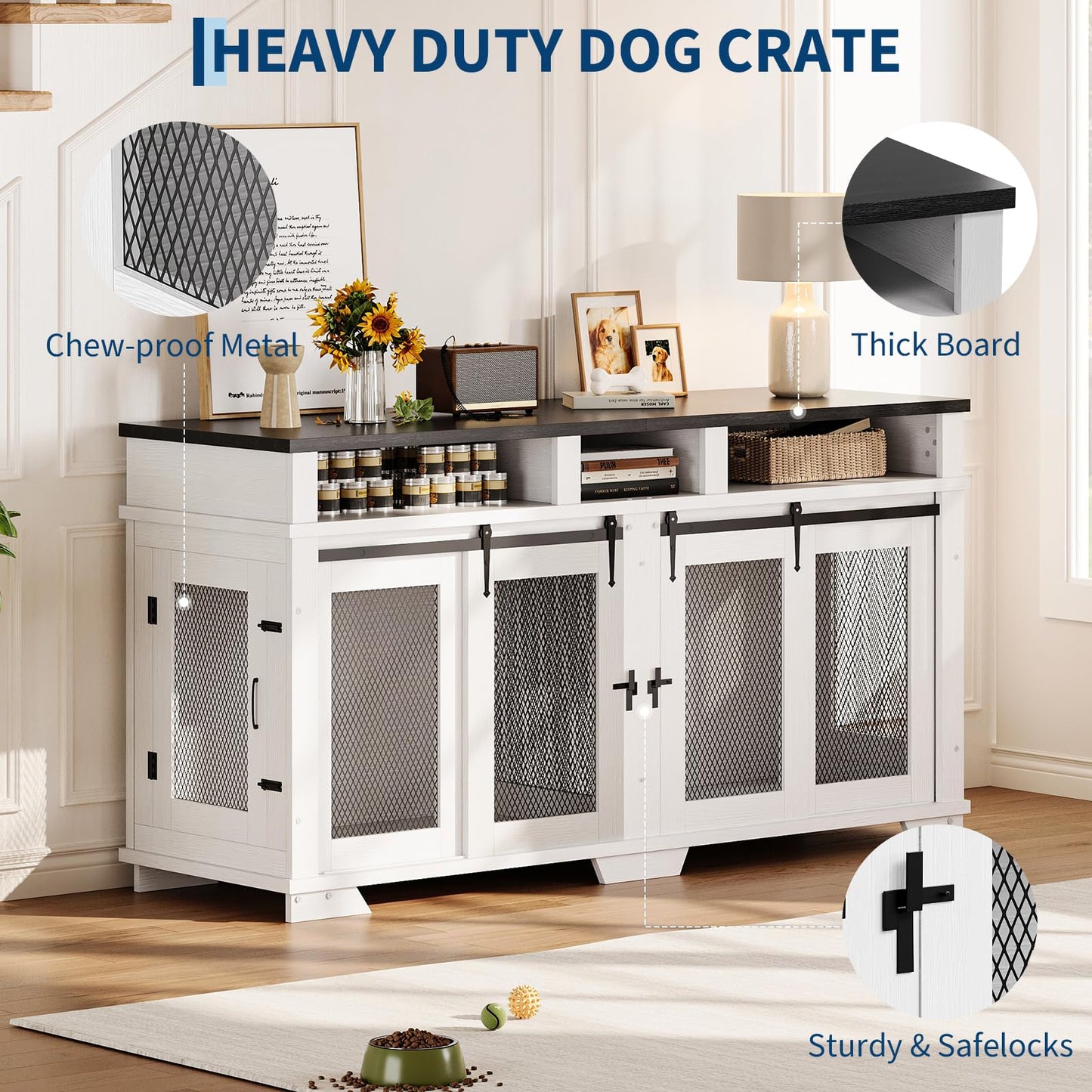 Garvee 71'' Dog Crate Furniture for 2 Dogs, Extra Large Double Dog Kennel with Removable Divider and Storage Drawers, Wooden TV Stand for Large Medium Dogs in White, Natural Wood, Brown