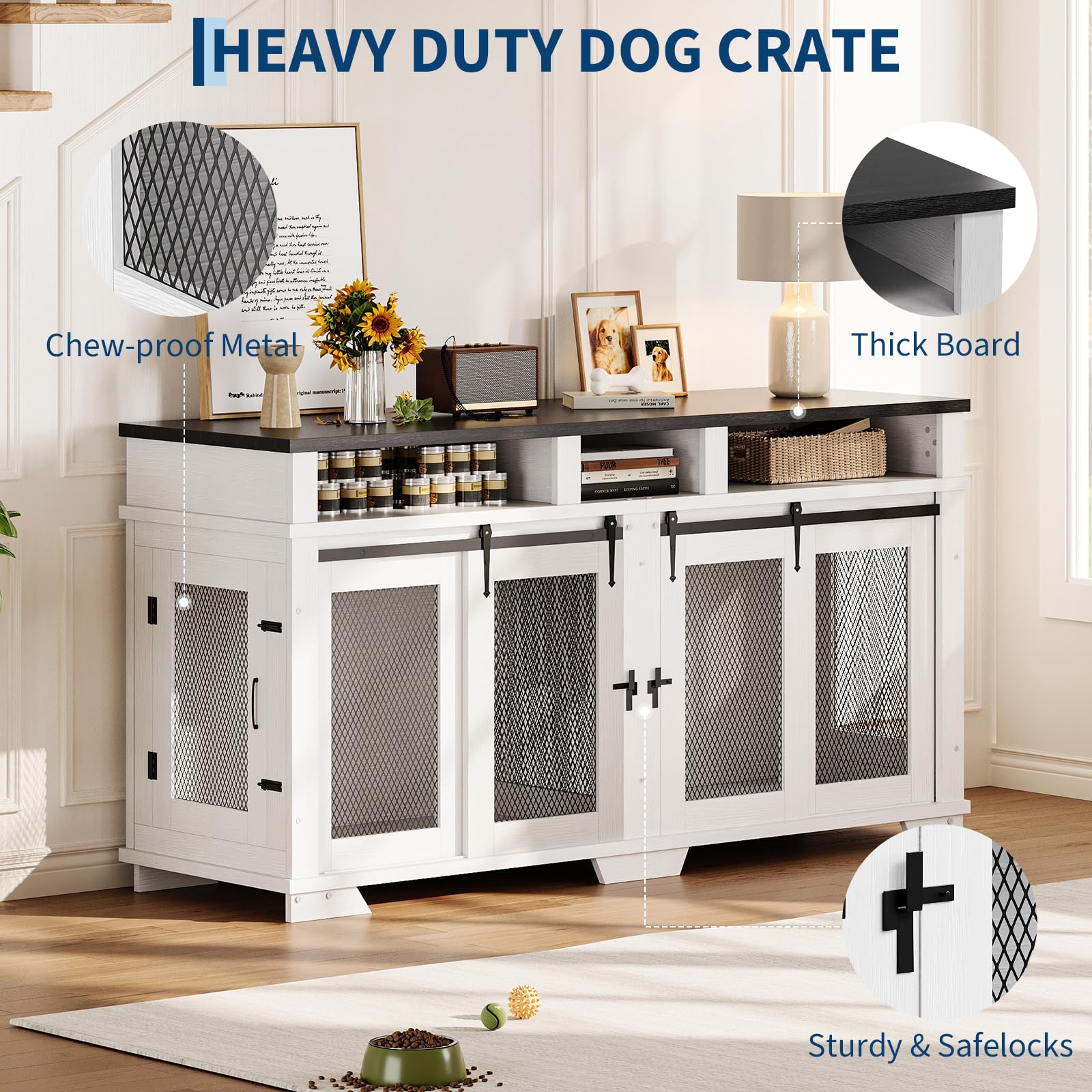 Garvee 71'' Dog Crate Furniture for 2 Dogs, Extra Large Double Dog Kennel with Removable Divider and Storage Drawers, Wooden TV Stand for Large Medium Dogs in White, Natural Wood, Brown