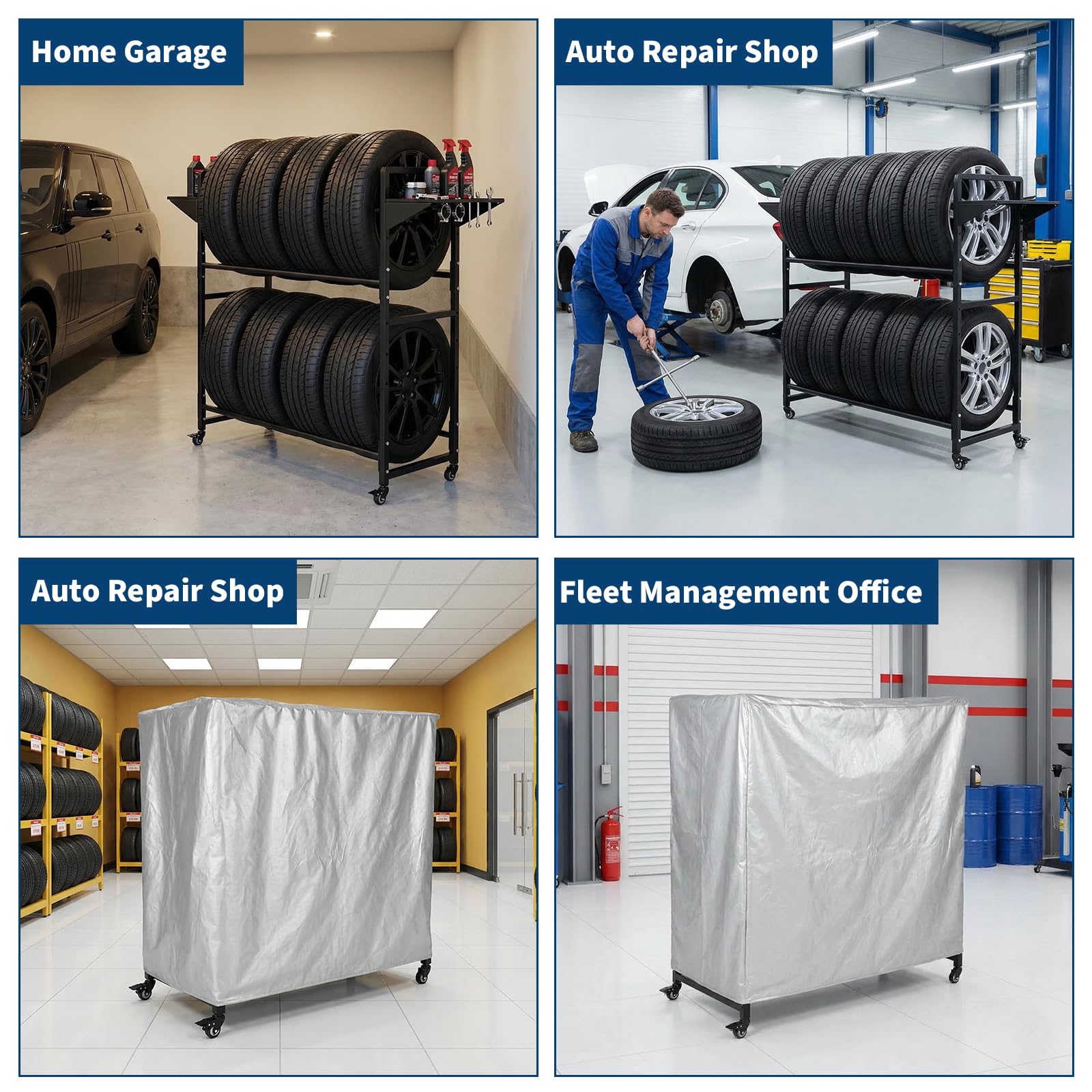 Garvee Tire Storage Rack Adjustable Rolling with Anti-Dust Cover for Garage Organization 57" x 18" x 55", Black