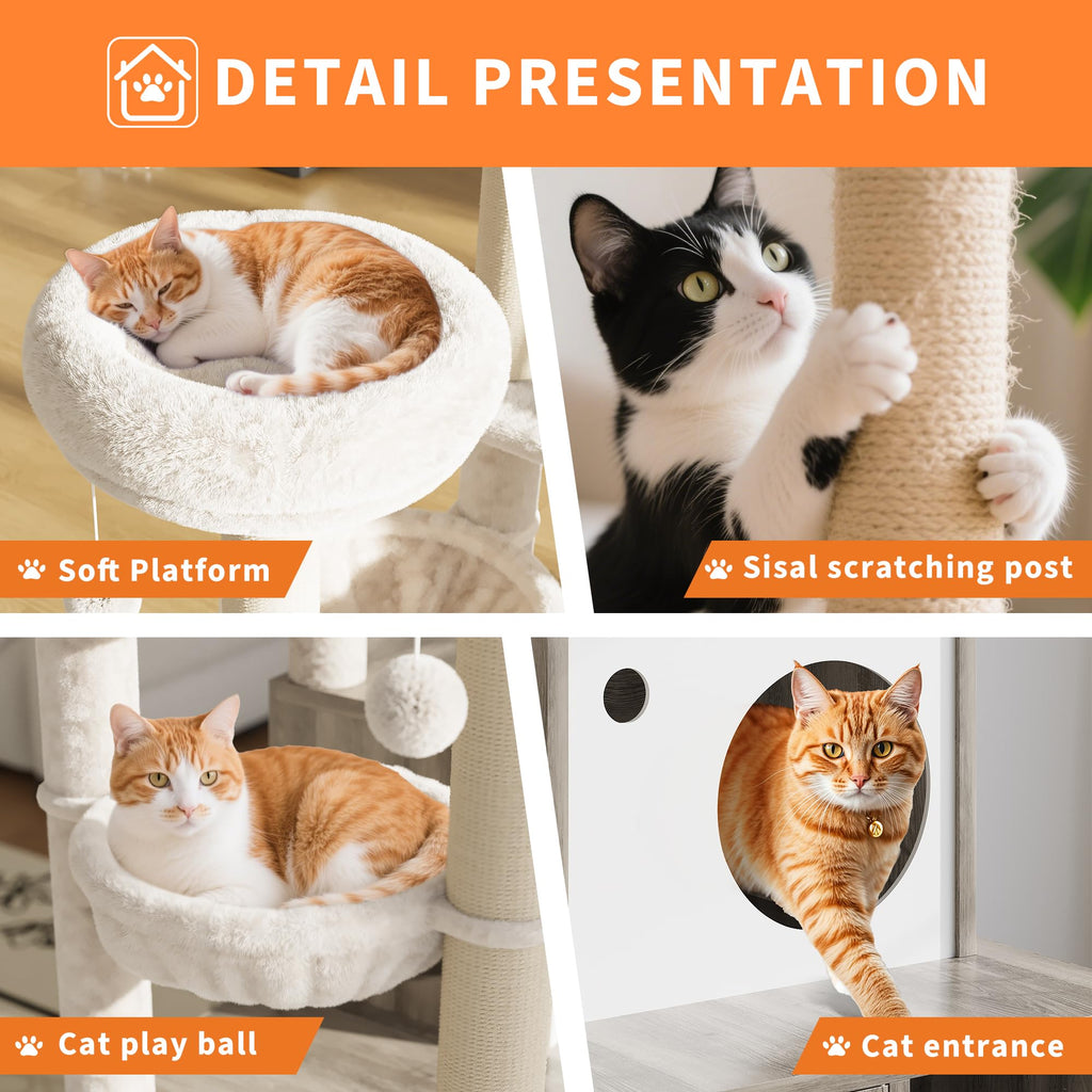 Garvee Cat Tree with Litter Box Enclosure, Sisal Scratching Post, Modern Wooden Cat Tower, Rustic Grey, 31.5''x18.9''
