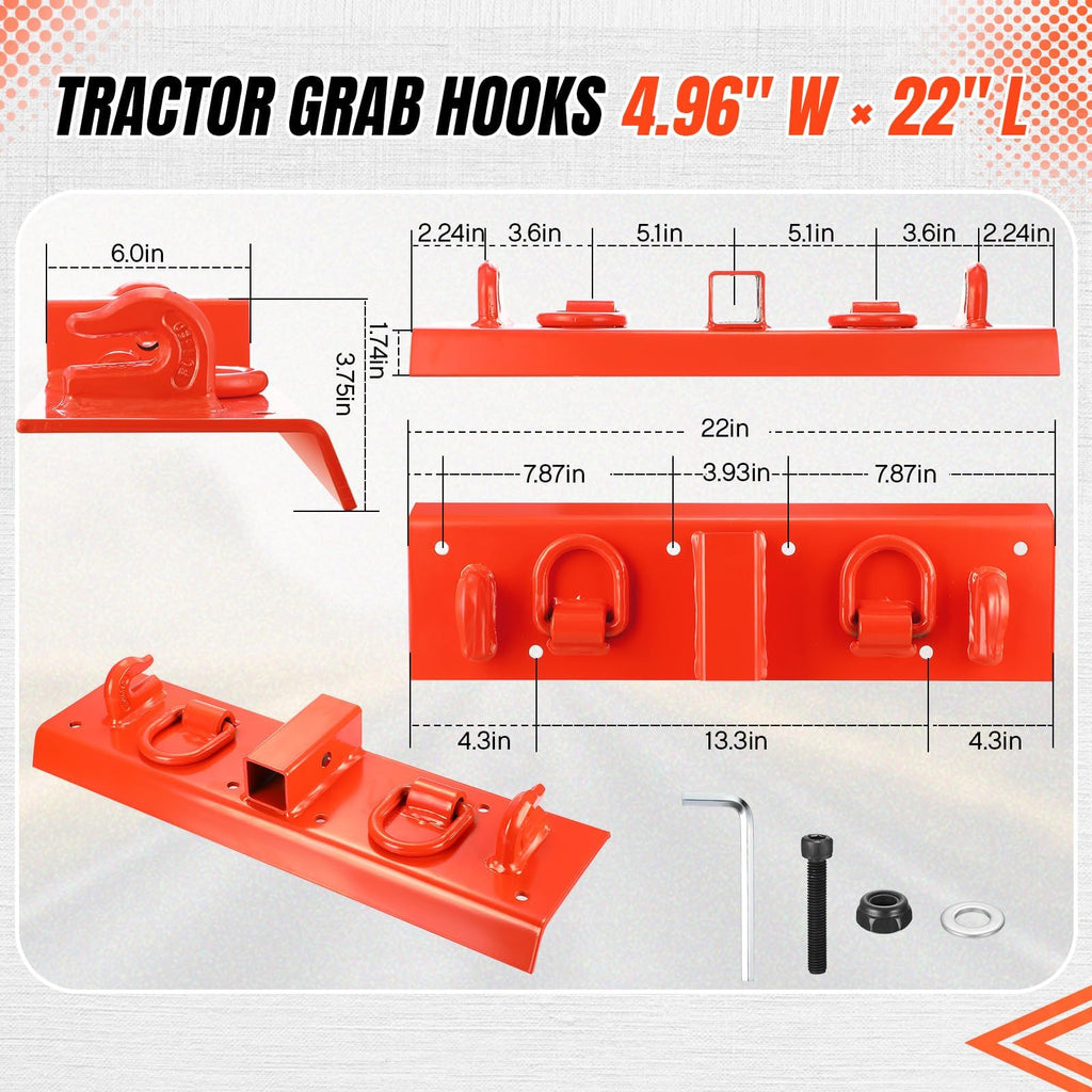 Garvee Tractor Bucket Grab Hooks Heavy Duty Bolt On 2" Receiver Compatible Compact Tractor 1025R 2320 2520 2720 2025R 2032R 2038R 3032E 4100Z Orange