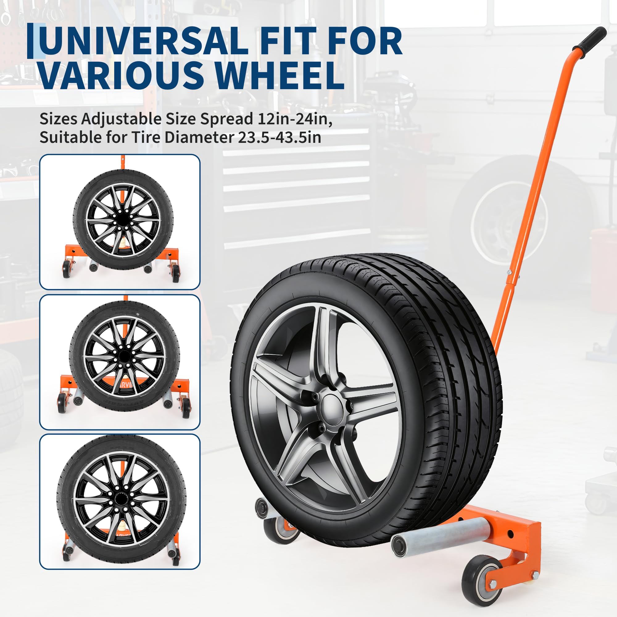 Garvee Adjustable Tire Wheel Dolly 330LBS Tire Lifter for 23.5"-43.5" Wheels, Universal Fit, Black, Ergonomic Handle, Orange