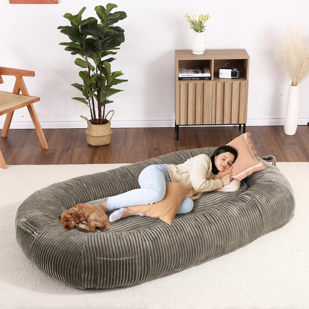 Garvee Dog Bed for Adult, Human Size Giant Dog Bed for Men and Women, 71”x48”x14” Human Dog Lazy Sofa Bed for People and Pets, Washable Strip Flannel Nap Bed Adult Oval, Human-Sized Dog Bed,Brown