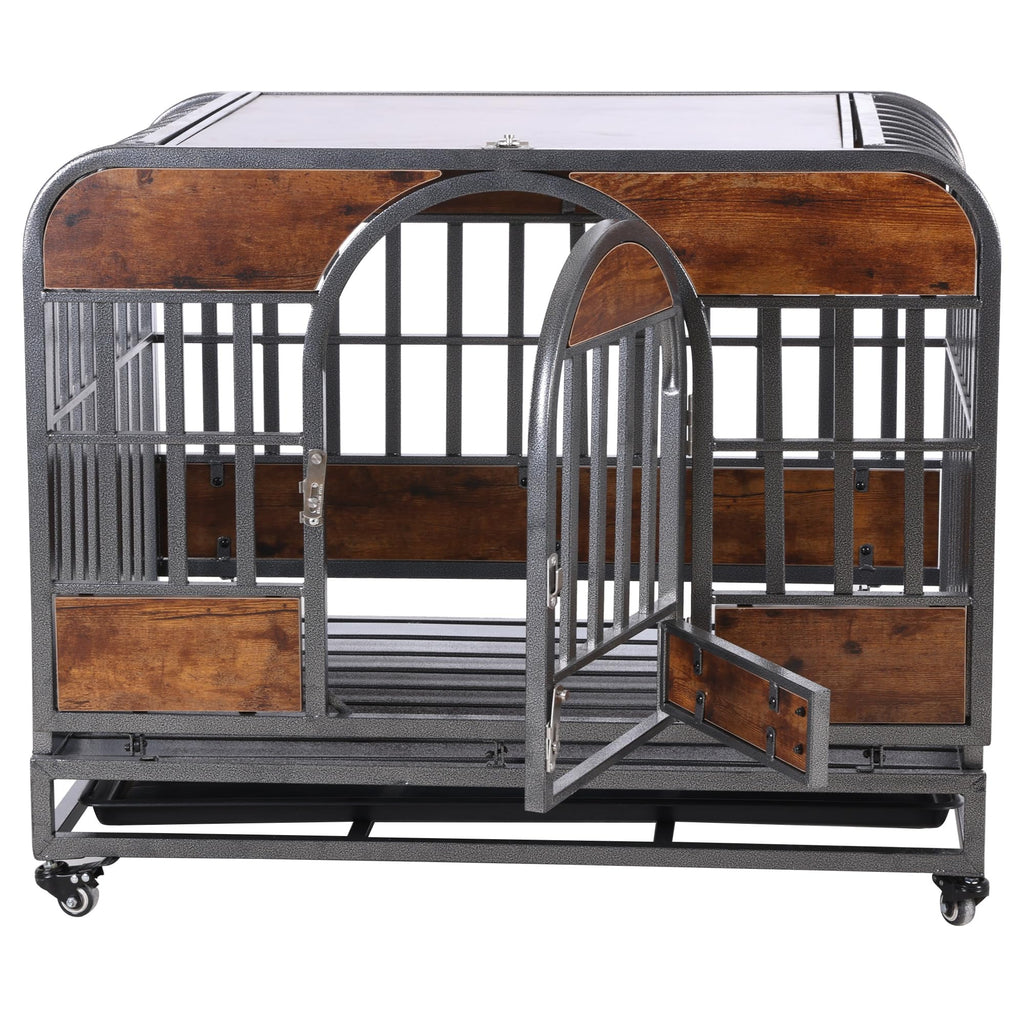 Garvee 46in Furniture Style Dog Crates with Removable Trays Wheels for Indoor & Outdoor Use Brown, Heavy Duty, Indestructible, High Anxiety Dogs