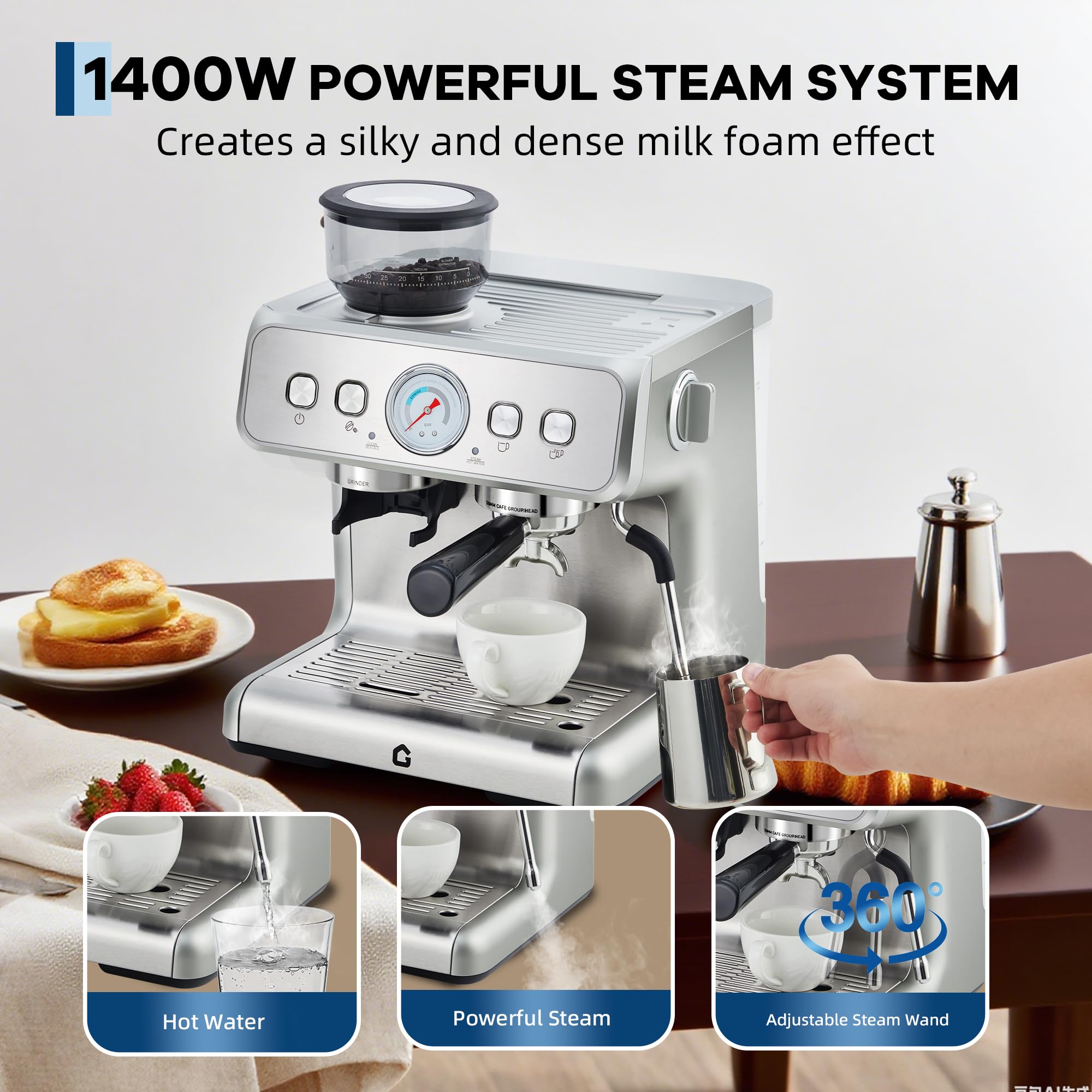 Garvee All-in-One Espresso 20-Bar Stainless Steel Espresso Machine with Grinder - Milk Frother, 2.8L Removable Water Tank, Perfect for Home and Office, Silver