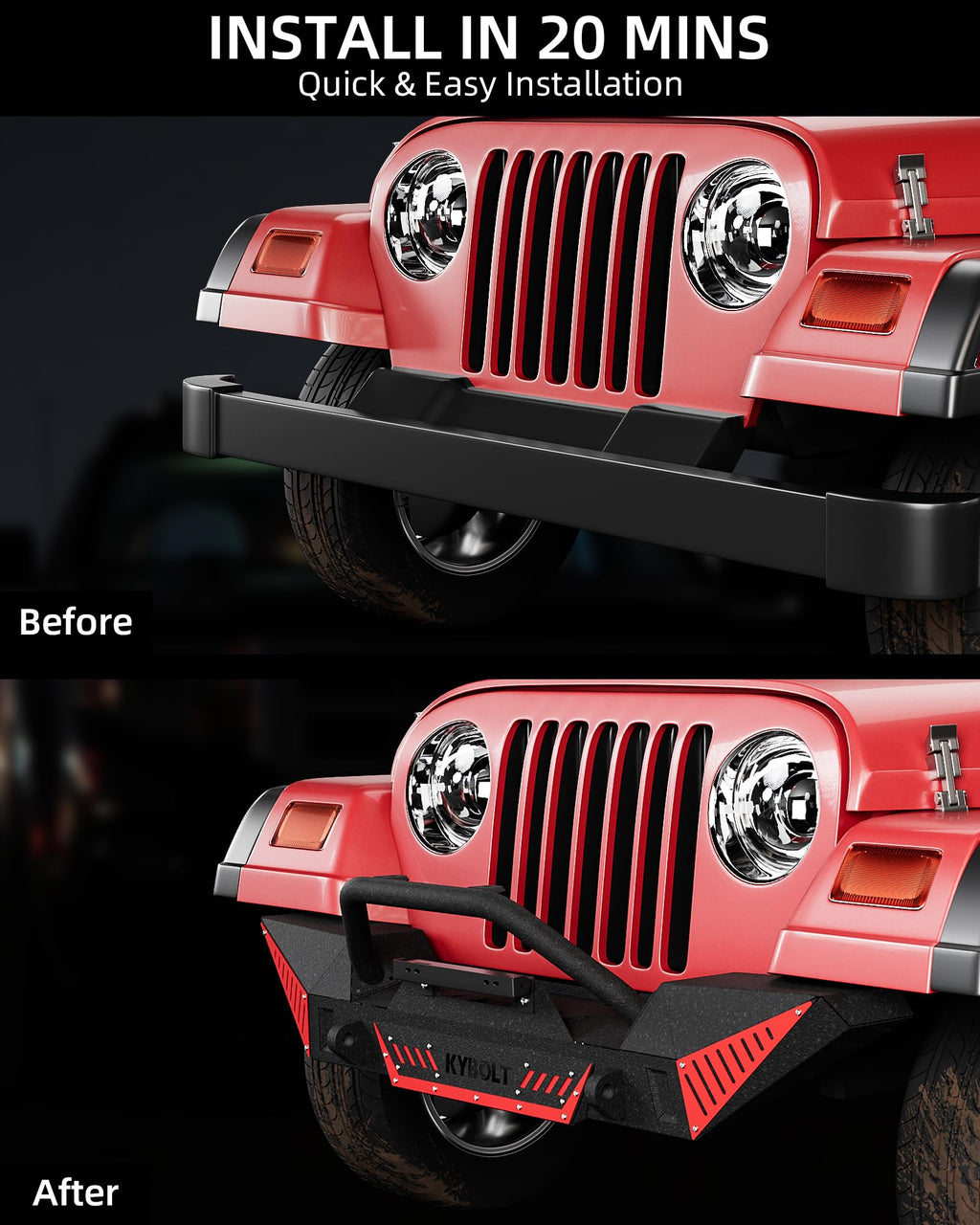 Garvee Rear Bumper Compatible for 1987-2006 Jeep Wrangler TJ & LJ & YJ, Rock Crawler with Hitch Receiver & 2 x D-Rings Paintable Armor