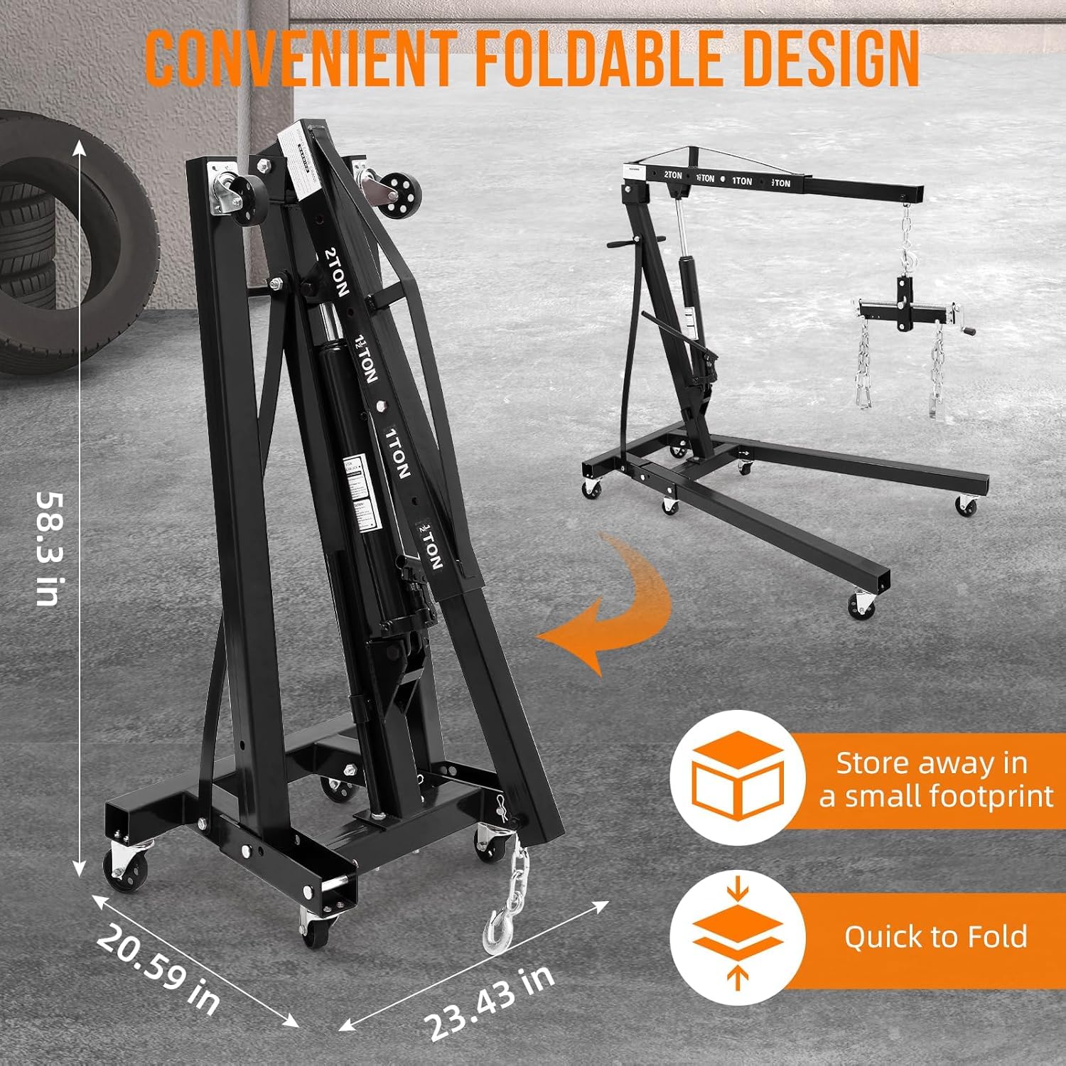 Garvee Engine Hoist With Lever 2 Ton 4000 Lbs Heavy Duty Folding Cherry Picker Hydraulic Lift For Garage Car Shop Auto Repair Black
