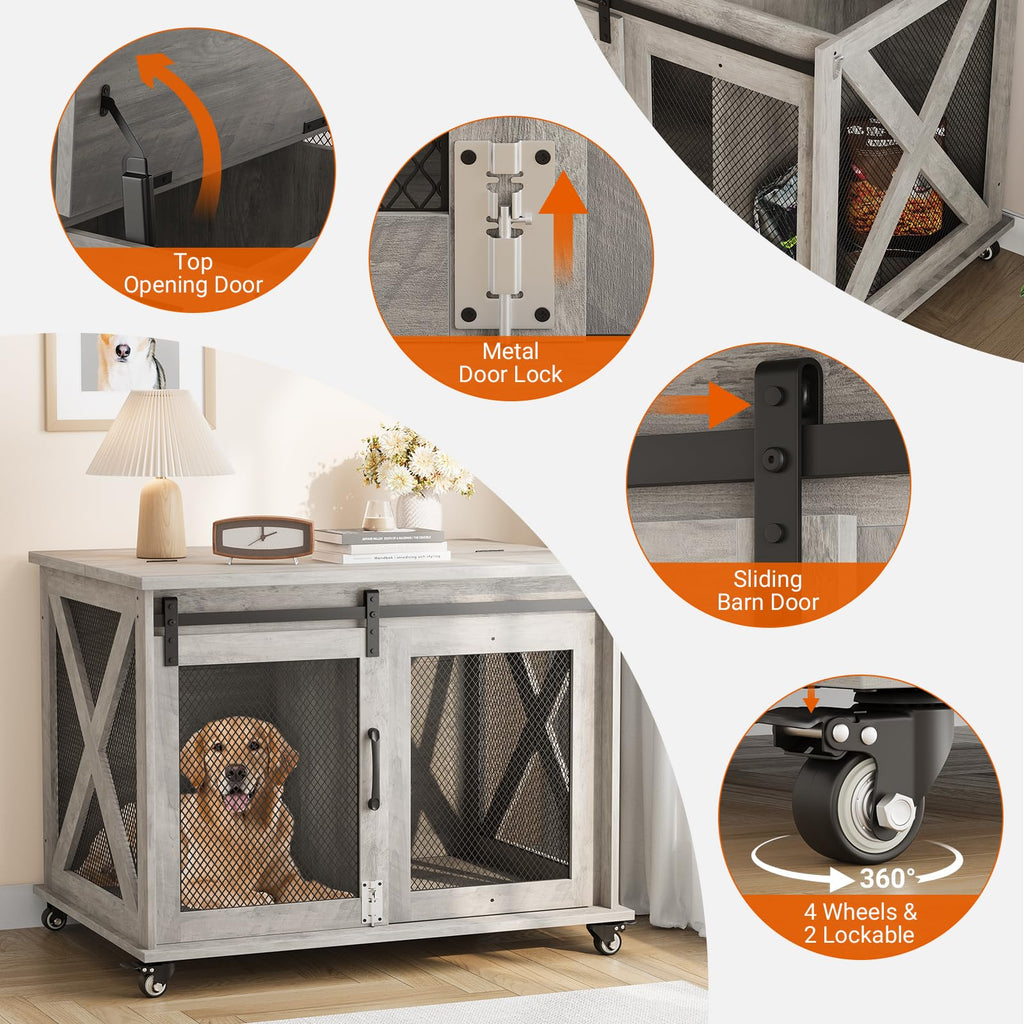 Garvee Dog Crate Furniture with Sliding Barn Door, Flip Top Furniture Style Dog Crate End Table with Wheels, Indoor Dog Kennel House with Removable Divider, Gray