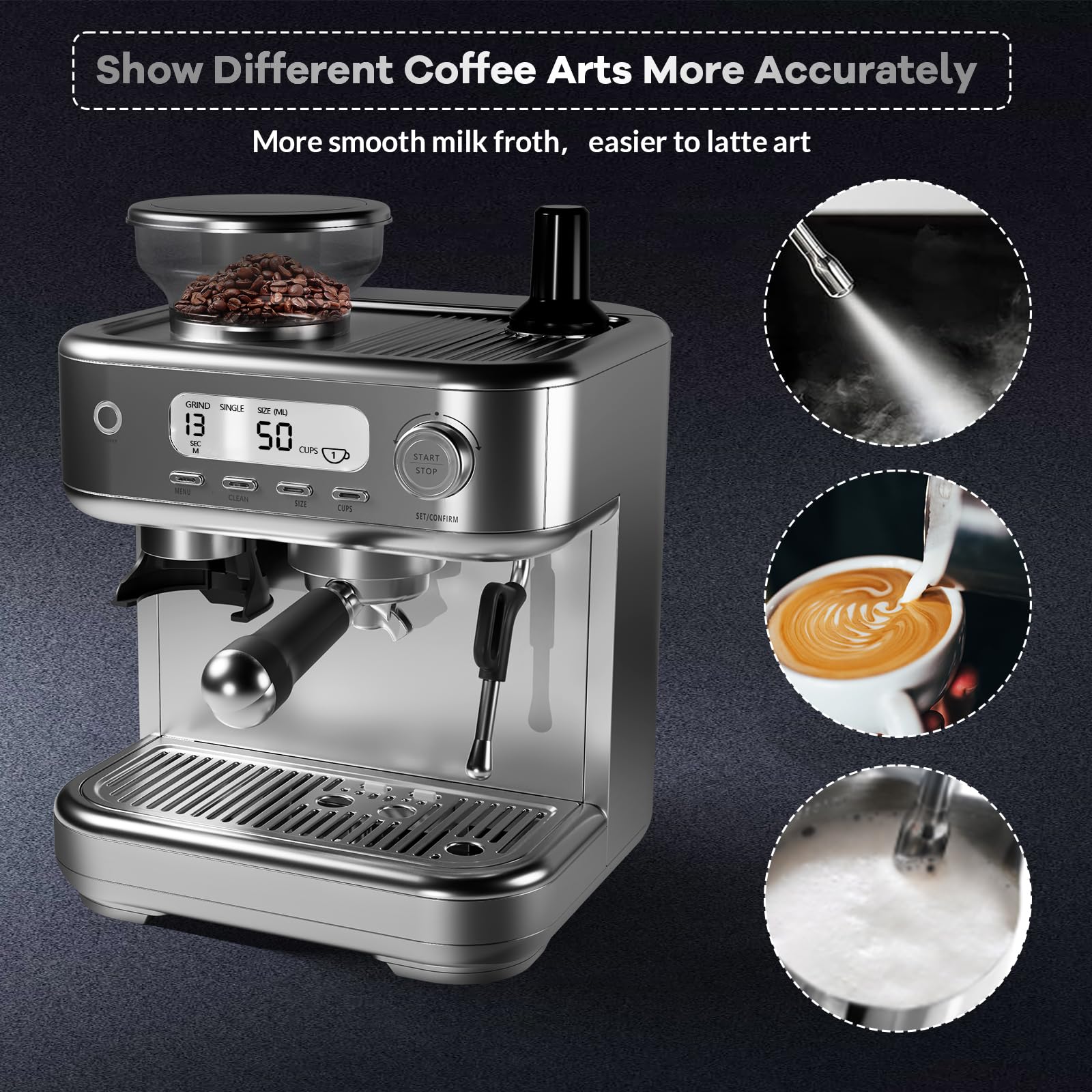 GARVEE 15-Bar All-in-One Espresso Machine with Built-In Grinder - Professional Coffee and Espresso Maker for Cappuccino and Latte, Semi-Automatic with 77 Oz Removable Water Tank, Silver