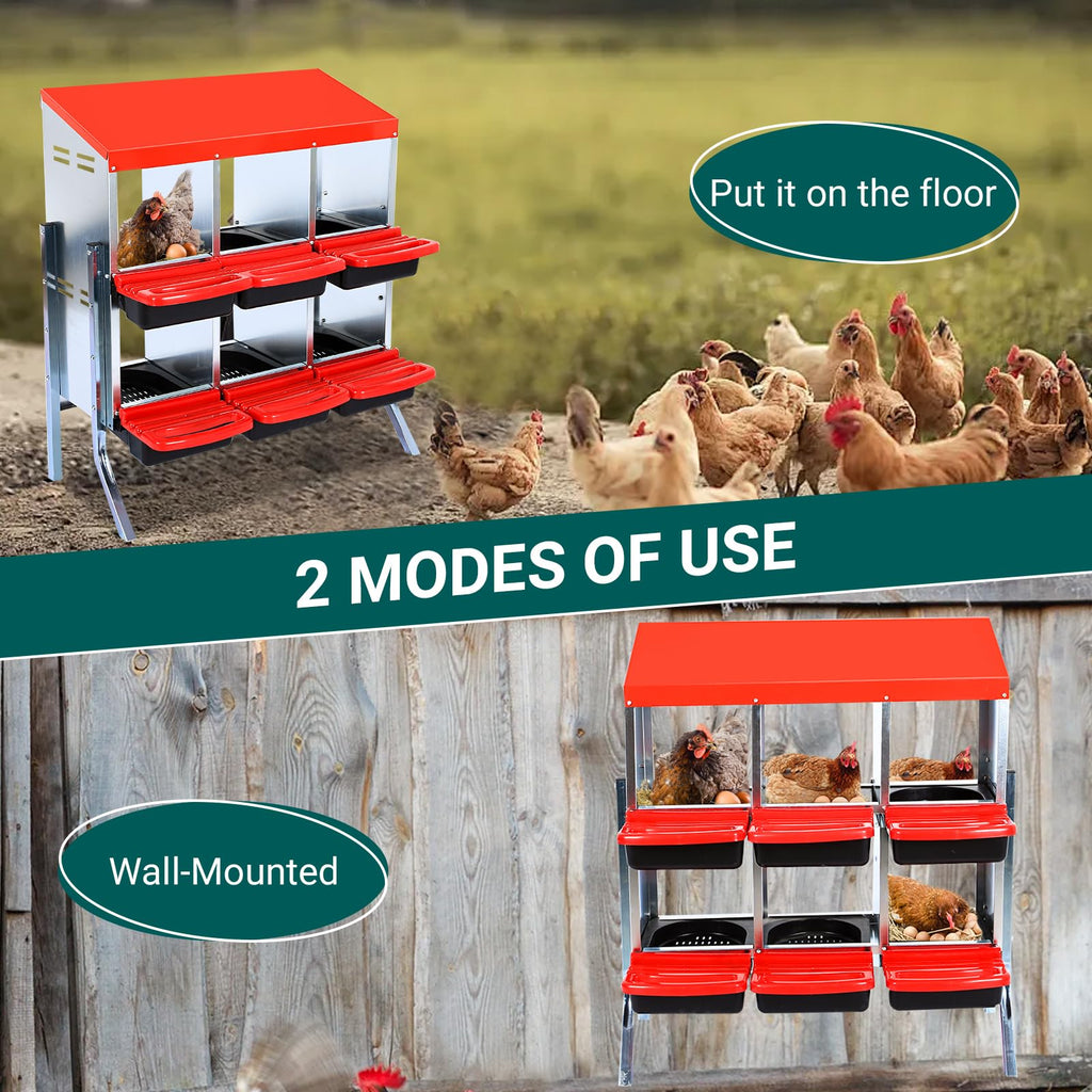 Garvee Nesting Boxes for Chickens, 6 Compartment Roll Away Nesting Box with Egg Collection, Perch, Lid Cover for Egg Protection, Wall Mount/Free Standing Nest Box for Chickens