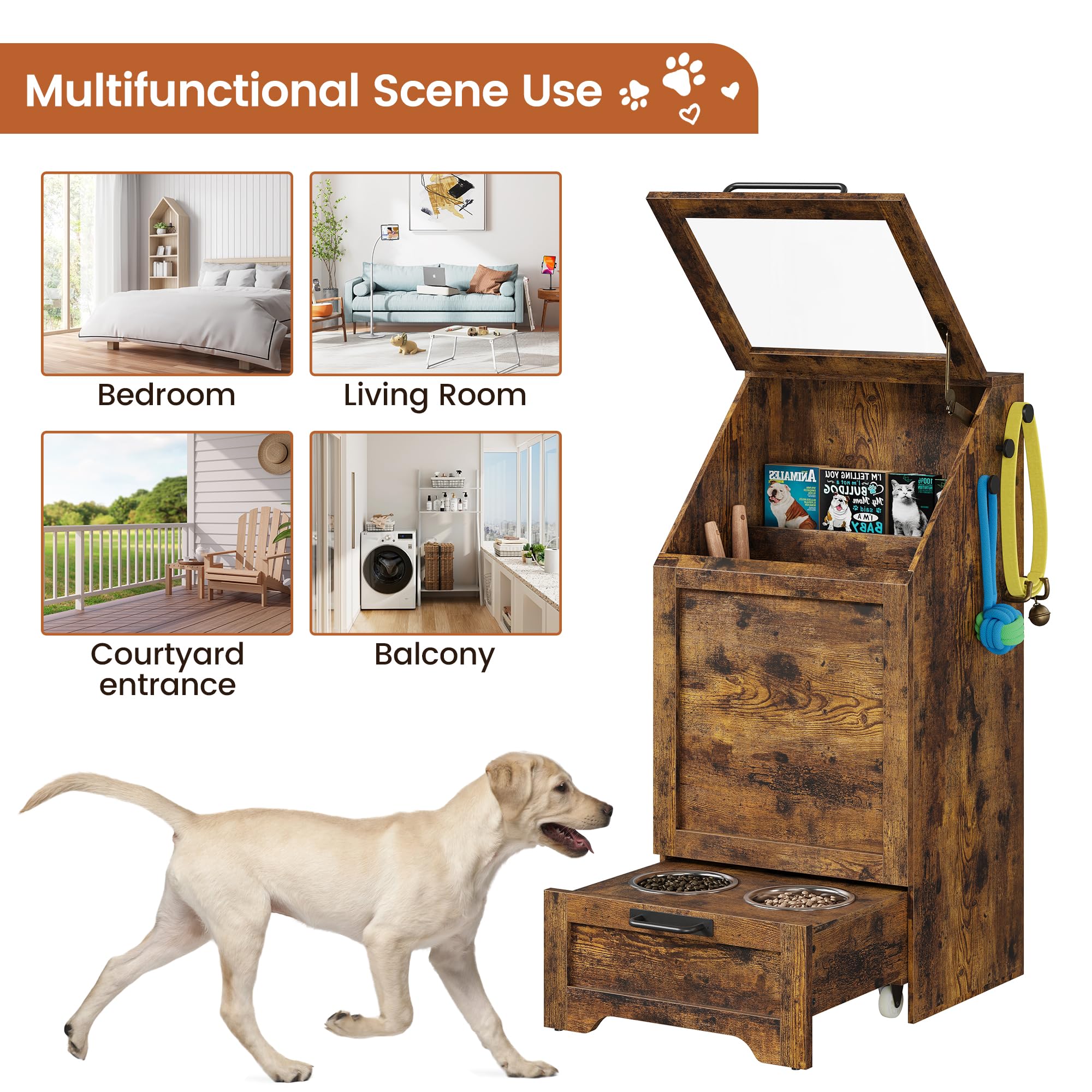 Garvee Pet Food Cabinet with 2 Elevated Bowls, Dog Feeding Station, Brown, Ample Storage, Concealed Feeder, Flip-Top Design