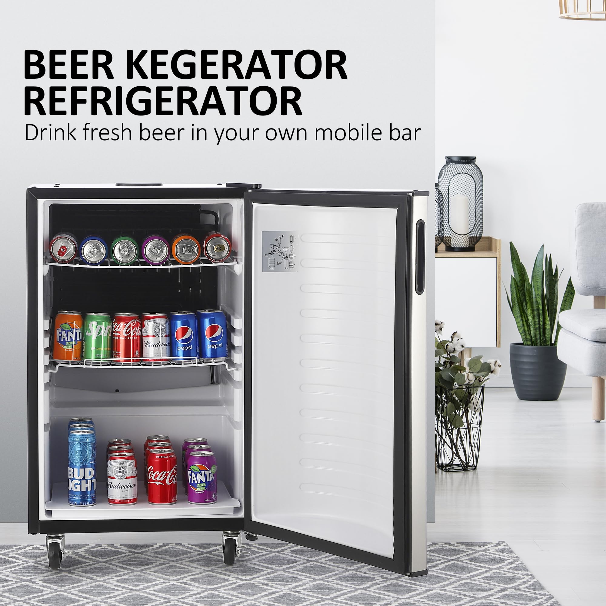 Garvee Kegerator and Keg Beer Cooler, Single Tap Draft Beer Dispenser, Full Size Keg Refrigerator With Shelves, Stainless Steel, Drip Tray & Rail- Silver
