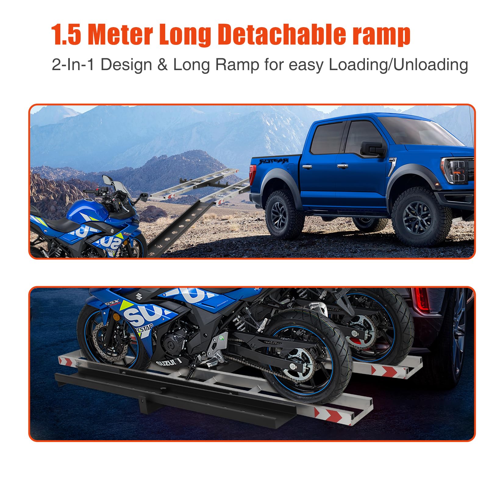 Garvee Double Motorcycle Carrier, 600 Lbs Aluminum Motorcycle Hitch Carrier with 59 Inch Long Detachable Load Ramp, Heavy Duty Hitch-Mounted Dirt Bike Rack with Tie-Down Strap for Car, Truck