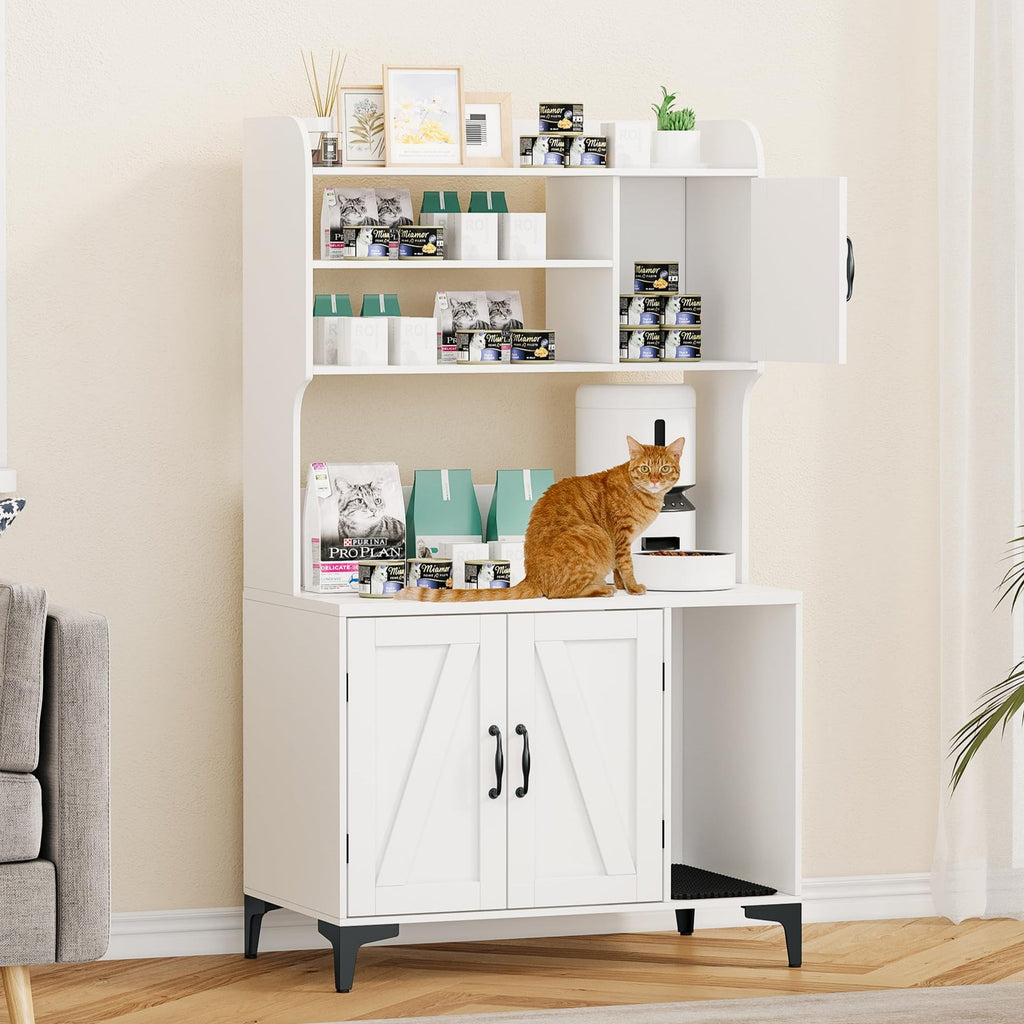 Garvee Cat Litter Box Enclosure, Modern Hidden Cat Litter Box Furniture with 4-Tier Storage Shelves, 2 Cabinets, Cat Litter Mat, Large Wood Indoor Cat House Furniture for Home, White