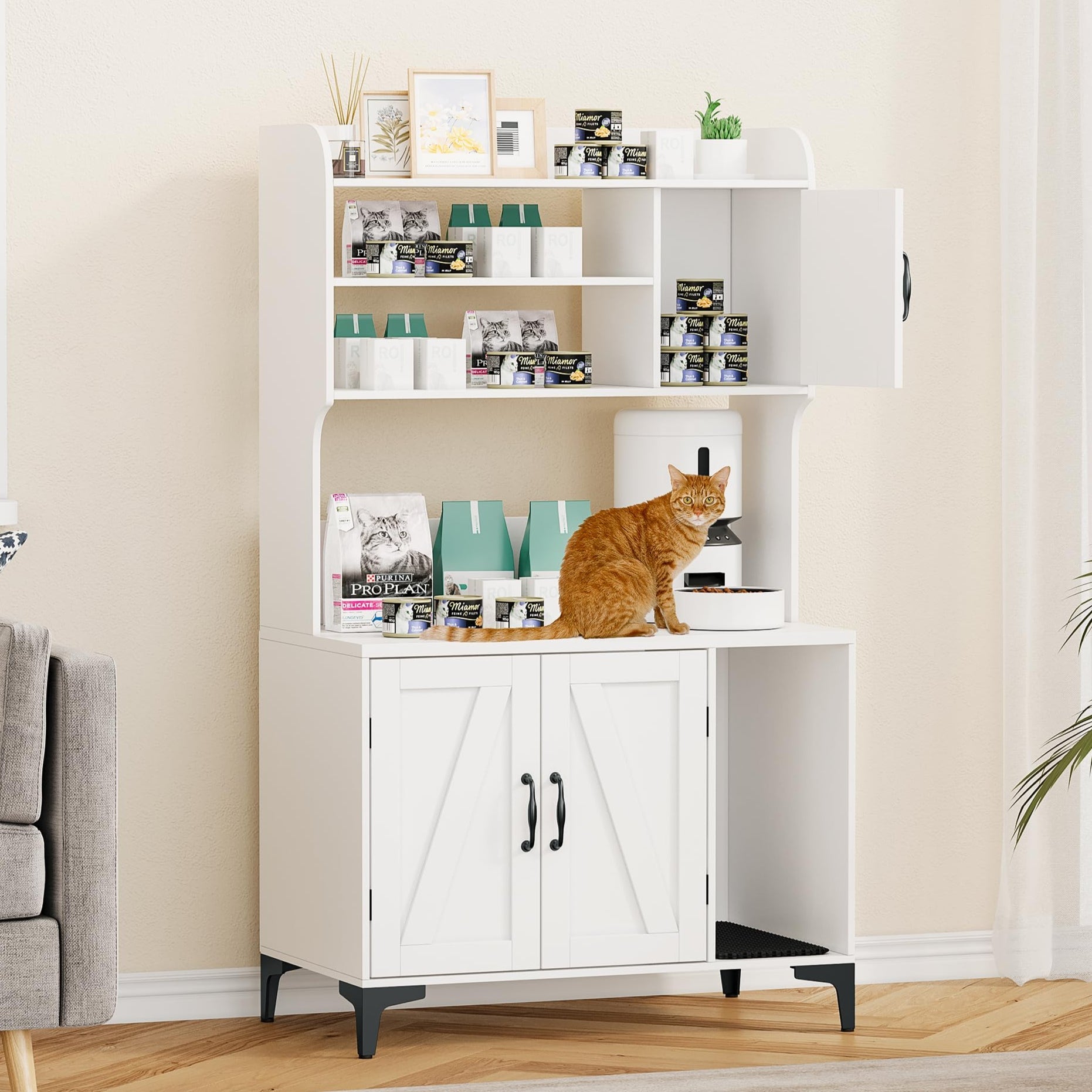 Garvee Cat Litter Box Enclosure, Modern Hidden Cat Litter Box Furniture with 4-Tier Storage Shelves, 2 Cabinets, Cat Litter Mat, Large Wood Indoor Cat House Furniture for Home, White