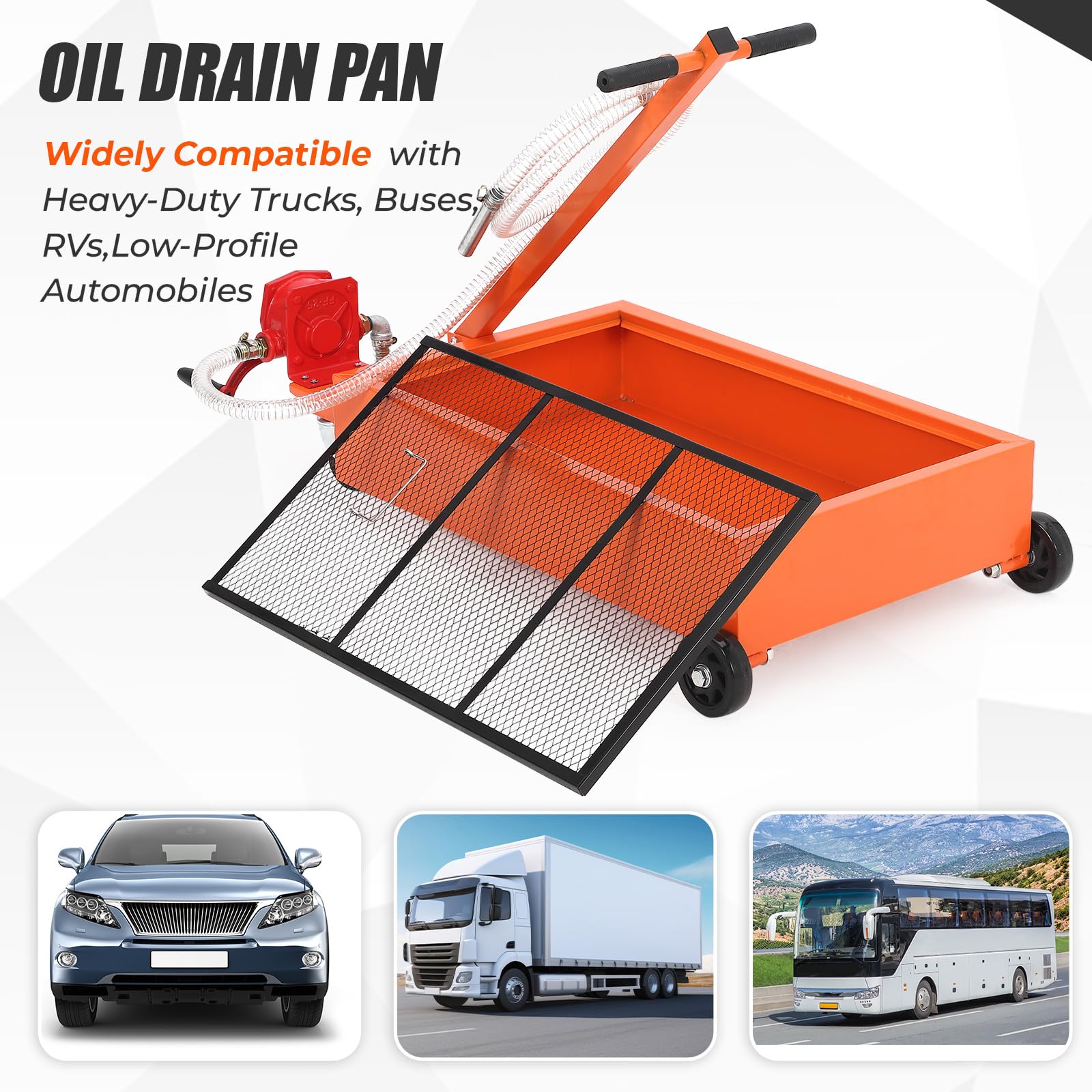 Garvee Oil Drain Pan, 15 Gallon Low Profile Oil Drain Pan with Hand Pump,57L Oil Change Pan with 8ft Hose & Folding Handle, Rolling Oil Drain Cart for Car, SUV, Trucks Oil Draining