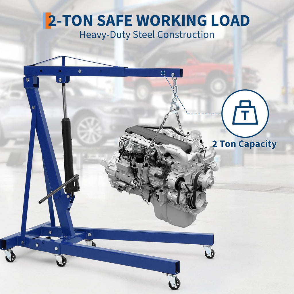 Garvee Engine Hoist Cherry Picker 2 Ton Folding Hydraulic Shop Crane with Telescopic Boom for Workshops Garage Blue