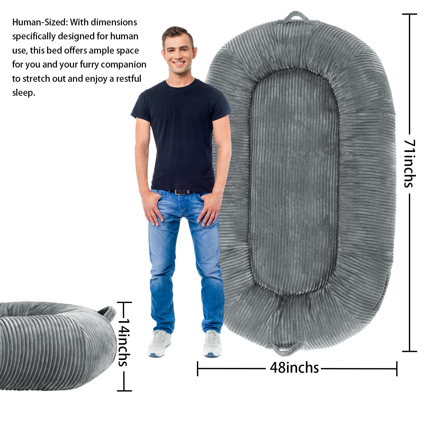 Garvee Dog Bed for Adult, Human Size Giant Dog Bed for Men and Women, 71”x48”x14” Human Dog Lazy Sofa Bed for People and Pets, Washable Strip Flannel Nap Bed Adult Oval, Human-Sized Dog Bed,Light Grey