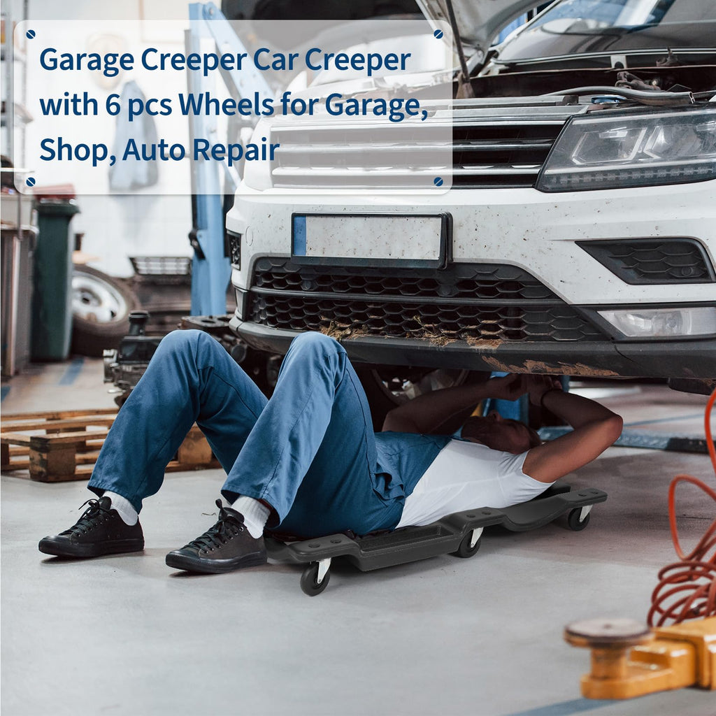 Garvee 40" Plastic Rolling Automotive Garage Shop Creeper, 350 Lbs Capacity, Ergonomic HDPE Body, Padded Headrest, Dual Tool Trays, 6 Casters, Black