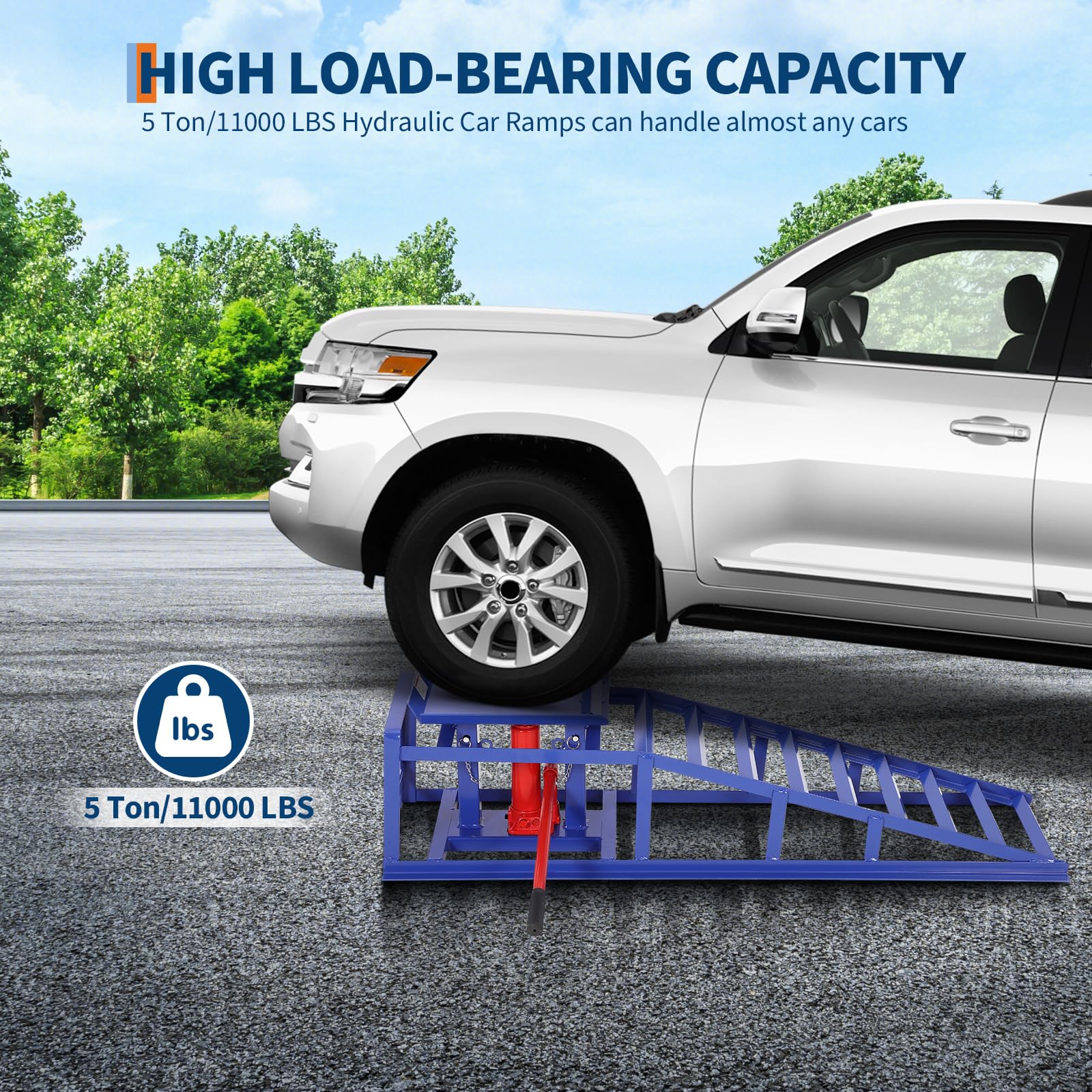 Garvee 2-Pack Hydraulic Car Ramps, 5T/11000 lbs Capacity Low-Profile Car Lift with Adjustable Height (9.4"-13.34") for Trucks, Trailers, and Auto Repair in Garage, Blue