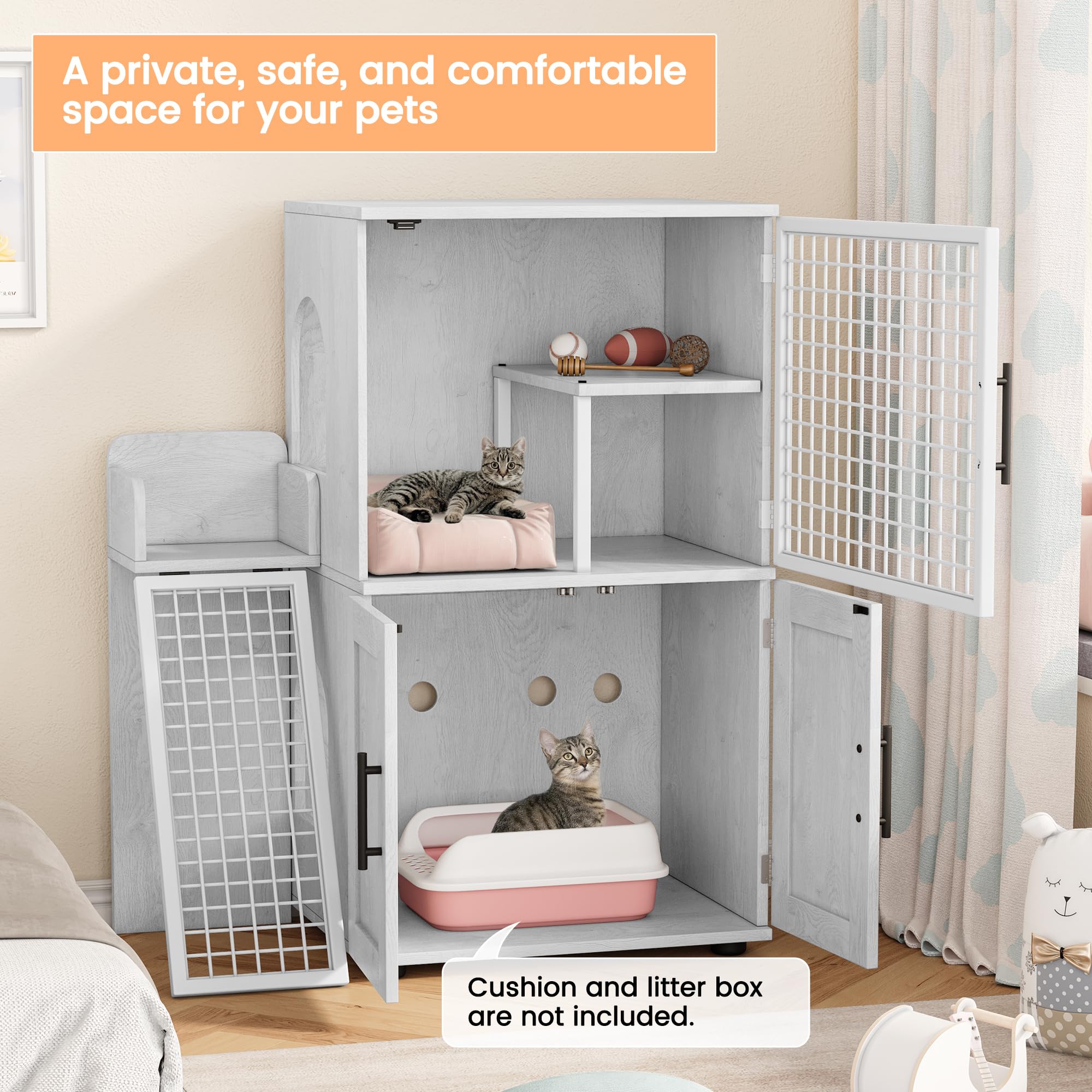 Garvee Villa Cat Litter Box Enclosure, Double Layer, MDF & Iron, Hidden Furniture, Ladder, 33.5" L x 17.9" W x 41.9" H, Antique White