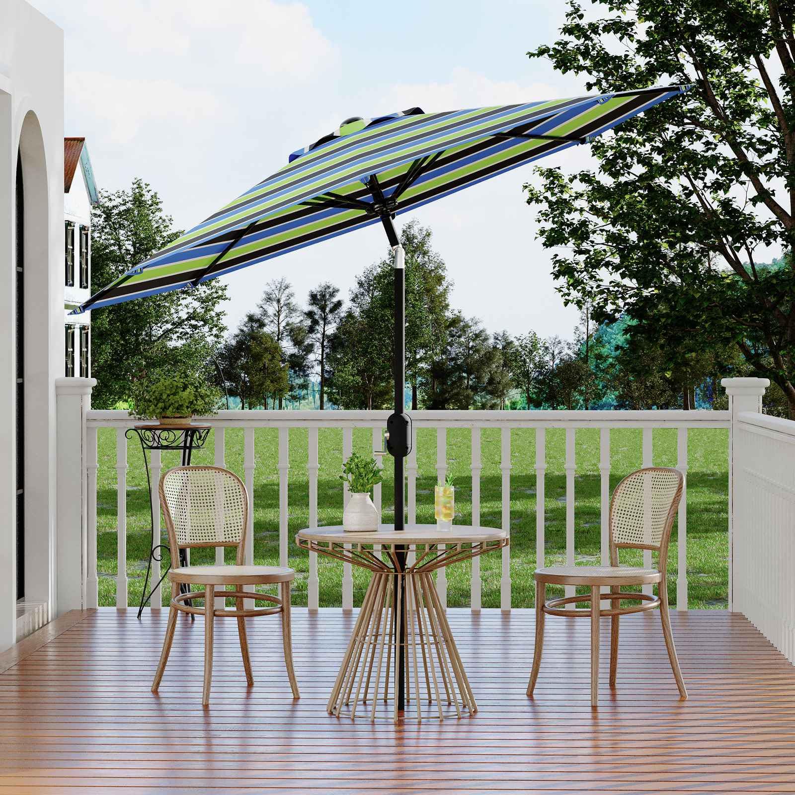 Garvee 9' Patio Umbrella with Crank Lift & Push Button Tilt - 8 Sturdy Ribs Outdoor Table Umbrella for Yard, Deck & Pool, Tricolor Stripe