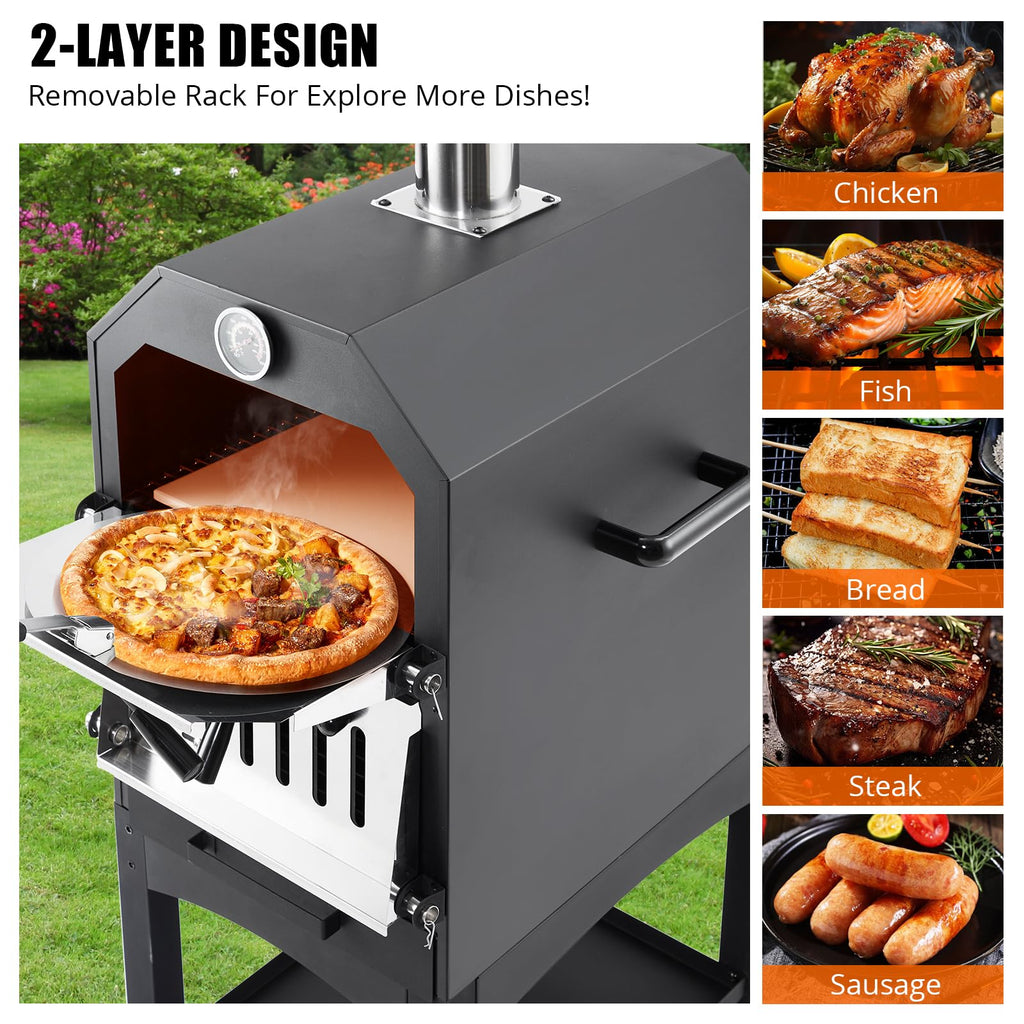 Garvee Wood-Fired Outdoor Pizza Oven, Portable with Pizza Stone, Peel, Grill Rack, Wheels, and Waterproof Cover for Backyard, Patio, and Camping