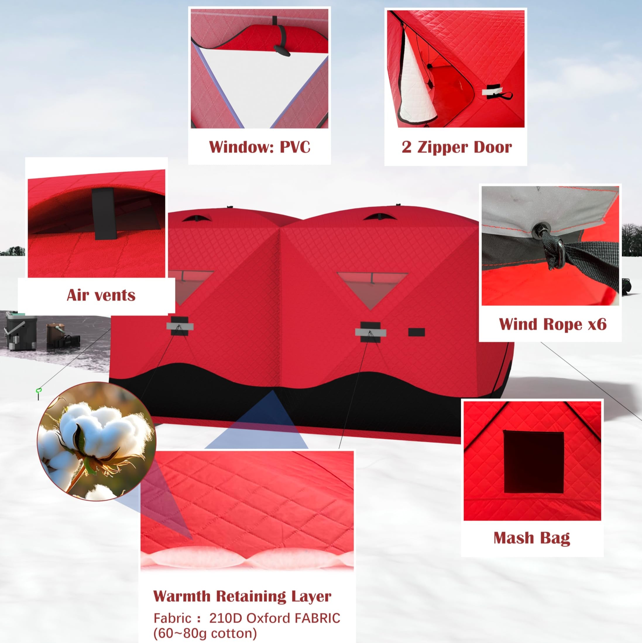 Garvee Ice Fishing Insulated Tent, Large Pop-Up Portable Hub-Style Ice Fishing Shelter, 5-7 Person Shelter 68 Square Feet of Fishable Area