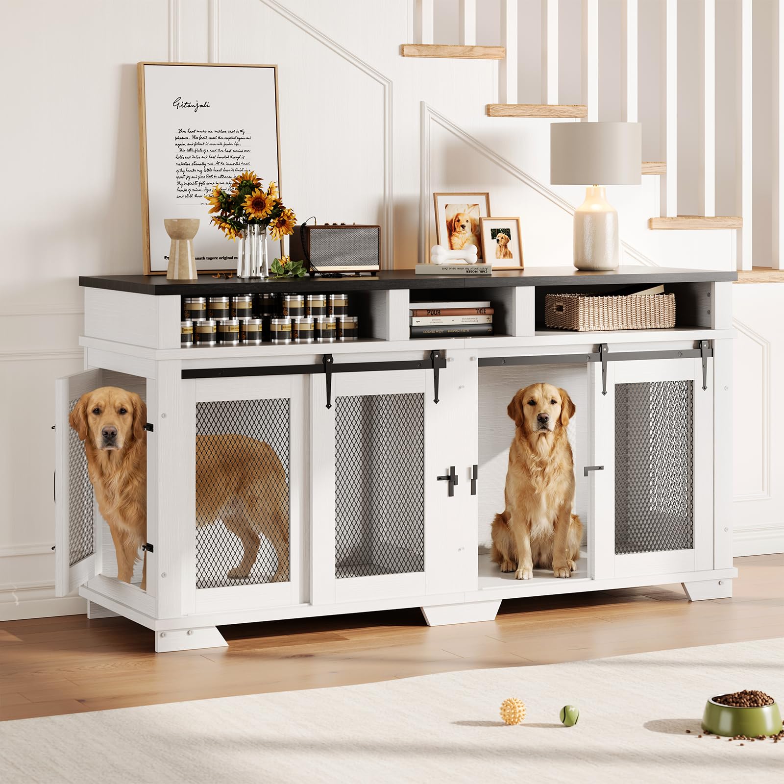 Garvee 71'' Dog Crate Furniture for 2 Dogs, Extra Large Double Dog Kennel with Removable Divider and Storage Drawers, Wooden TV Stand for Large Medium Dogs in White, Natural Wood, Brown