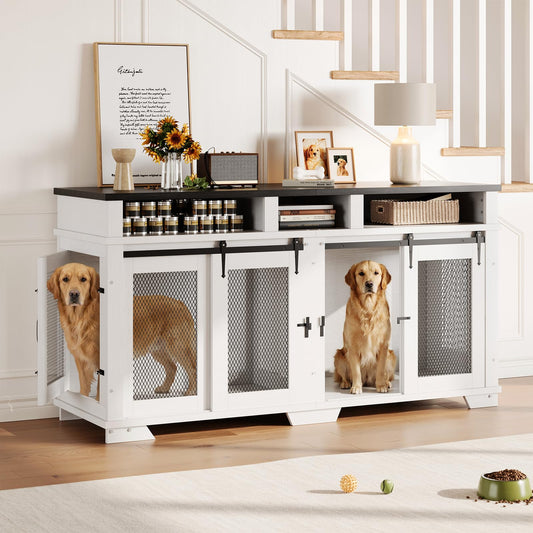 Garvee 71'' Dog Crate Furniture for 2 Dogs, Extra Large Double Dog Kennel with Removable Divider and Storage Drawers, Wooden TV Stand for Large Medium Dogs in White, Natural Wood, Brown