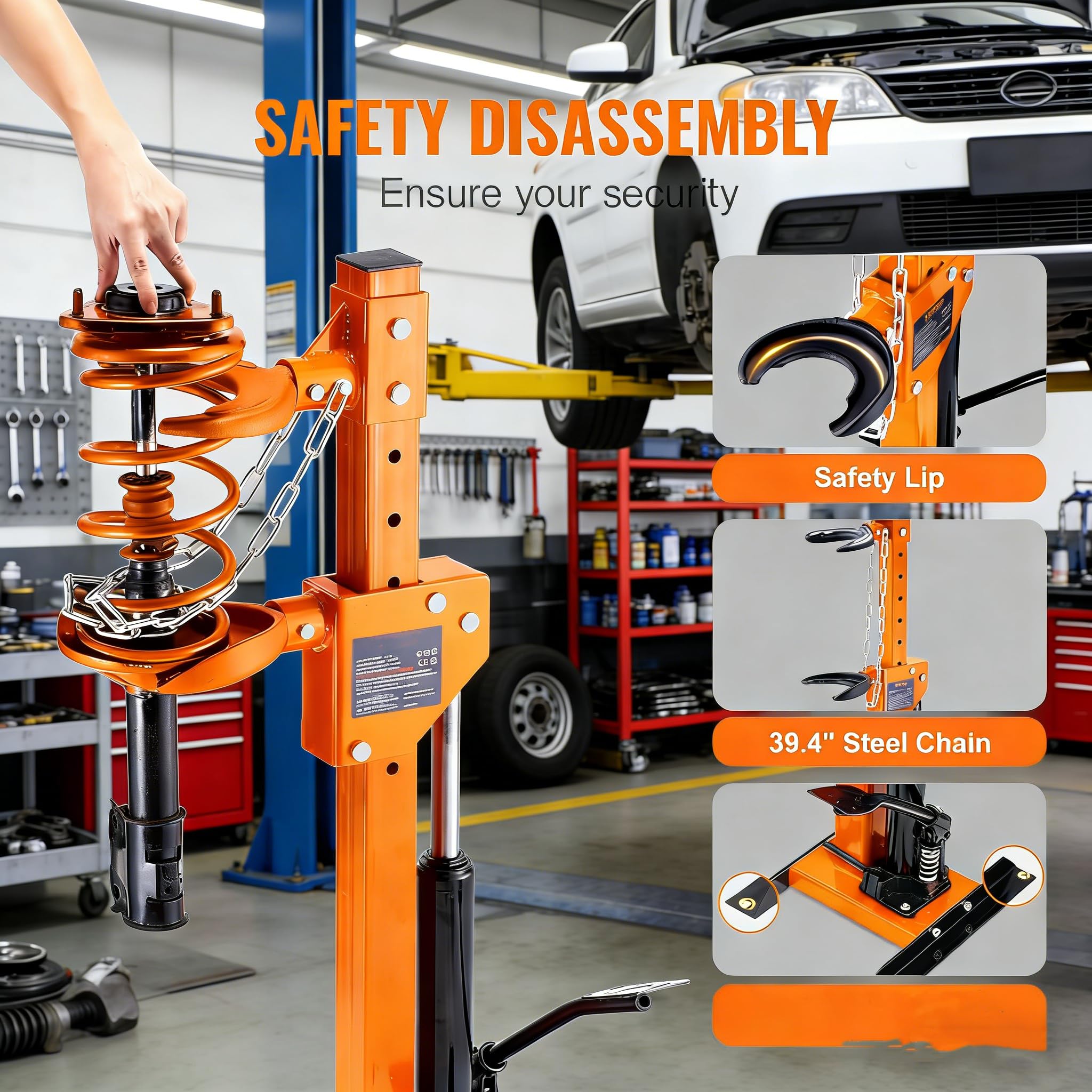 Garvee Professional Hydraulic Coil Spring Compressor, Heavy-Duty Foot-Operated Strut & Shock Tool with Safety Lock, Industrial-Grade Design, Global Fit for Cars, SUVs, and Trucks, Orange