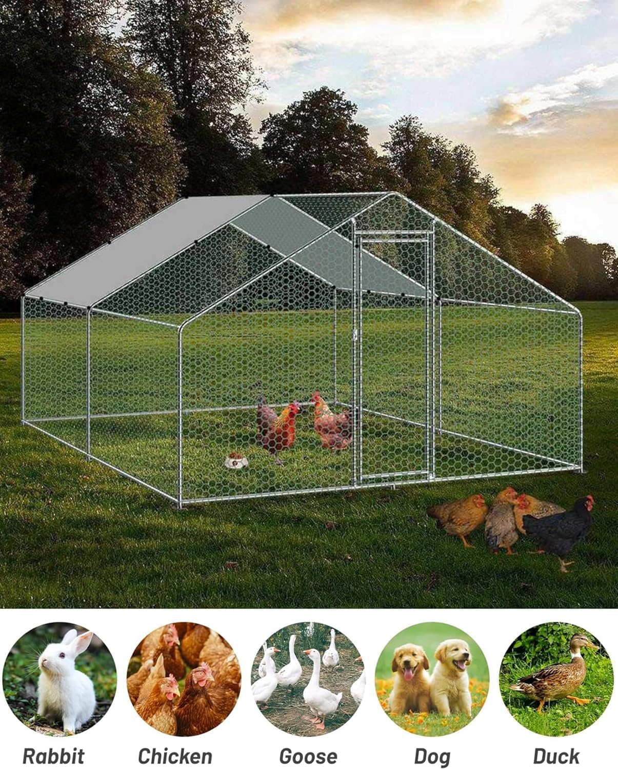 Garvee Large Chicken Coop, Metal Chicken Run for Yard with Waterproof and Anti-UV Cover, Walk in Fence Cage for Outdoor Farm Use(6.6ft x 9.8ft x 6.4ft)