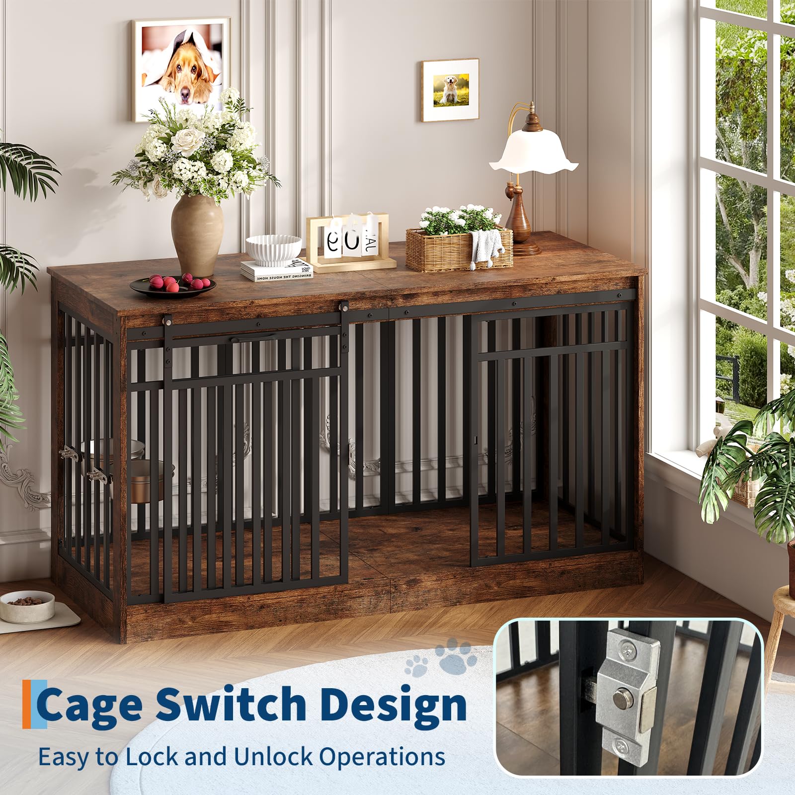 Garvee 55" Extra Large Dog Crate Furniture Heavy Duty Metal Wooden Dogs Kennel Indoor Dog Cage Sliding Door 2 Bowls Medium Large Dogs TV Stand Rustic Brown
