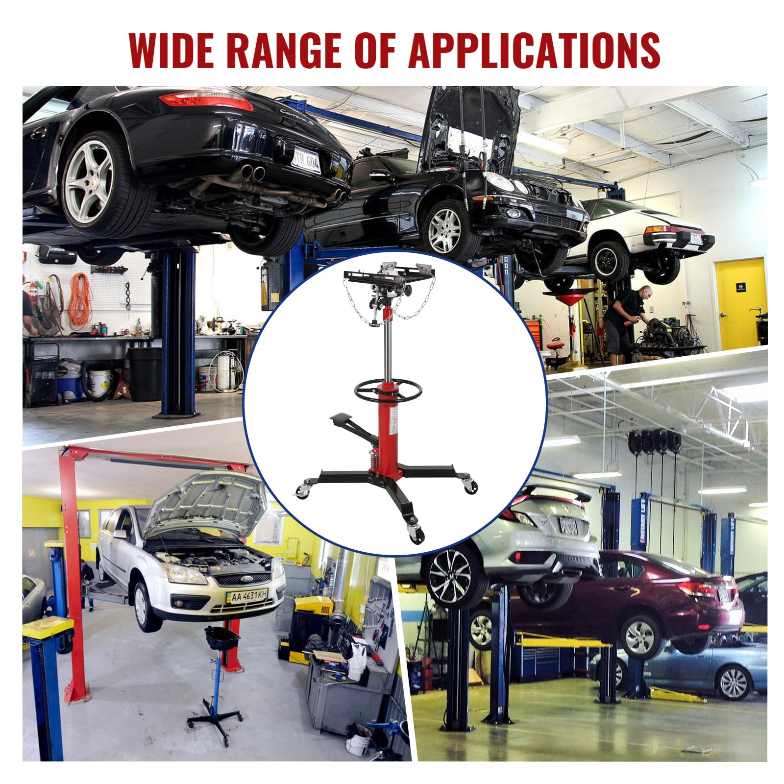 Garvee Transmission Jack, (1/2 Ton) 1100 lbs Capacity 2 Stage Adjustable Hydraulic Telescopic Transmission Jack with Foot Pedal, 33.5"-69" High Lift and 360° Swivel Wheel, Garage/Shop Lift Hoist, Red