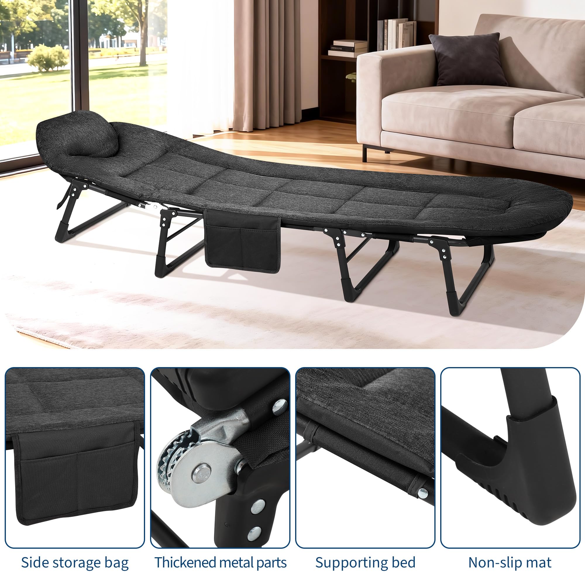 Garvee 79" Portable Folding Bed With Cushion And Pillow, Camping Cot For Adults, Lightweight, Black