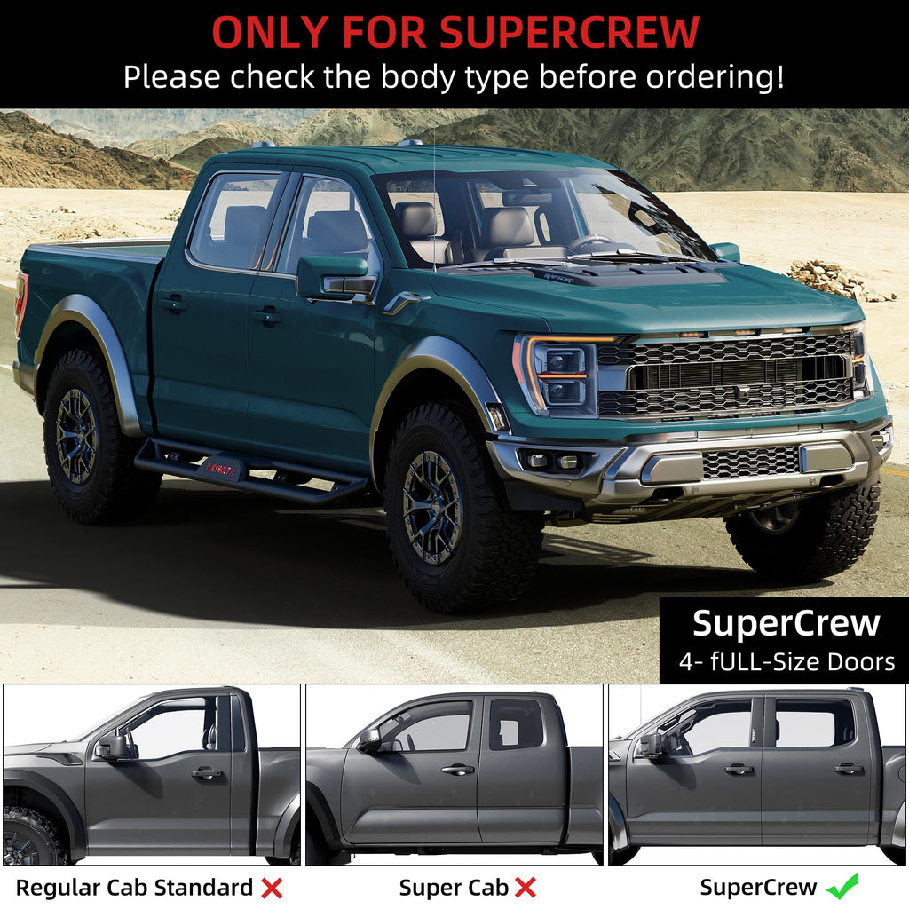 Garvee Running Boards 6.5 Inches with Two Stairs Design Compatible with 2015-2024 Ford F-150 SuperCrew Cab (4 Full-Size Doors), 2017-2024 Ford F-250 F-350 Super Duty Crew Cab, Bolt-on Side Steps