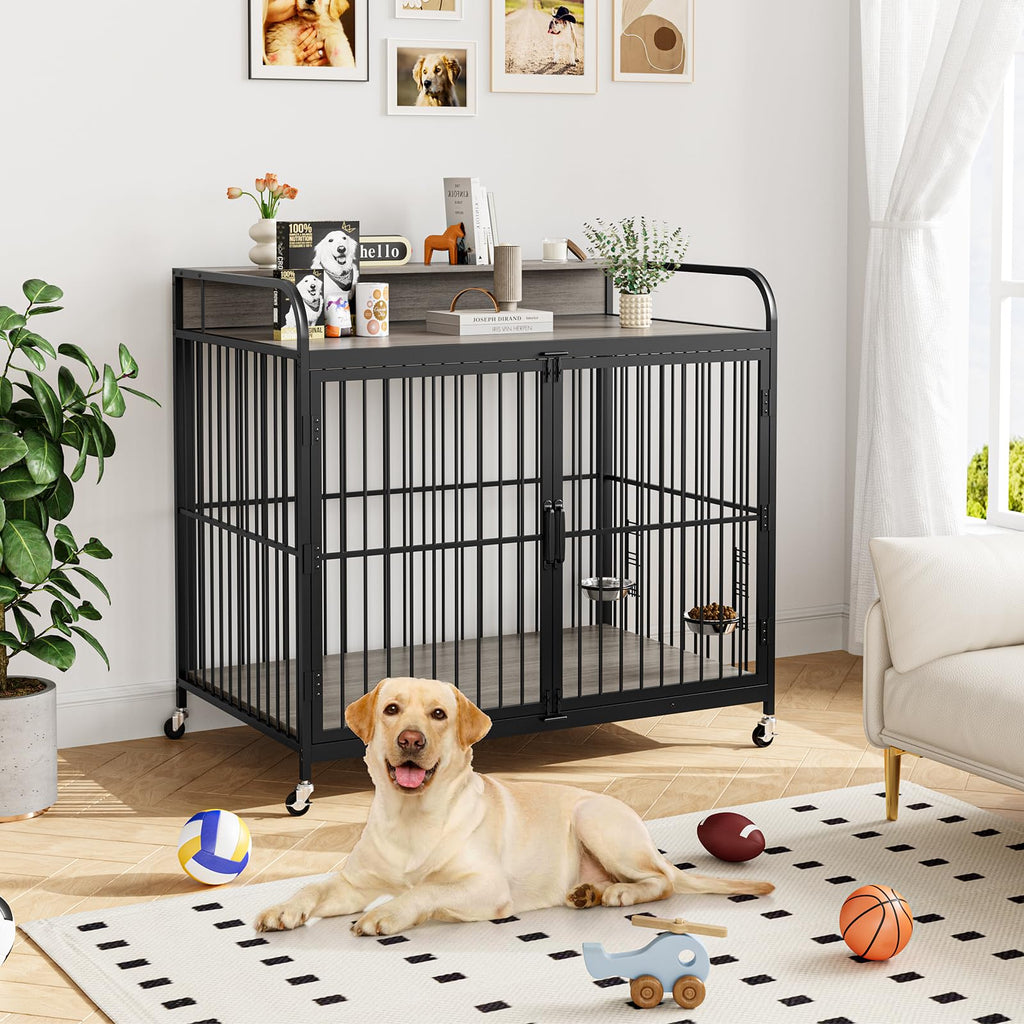 Garvee 48" Dog Kennel Furniture for Large Dogs,Large Dog Crate, Wooden Heavy Duty, Dog Crate Indoor with Adjustable Height Bowls, 48" L X 29.9" W X 44.3" H,Grey