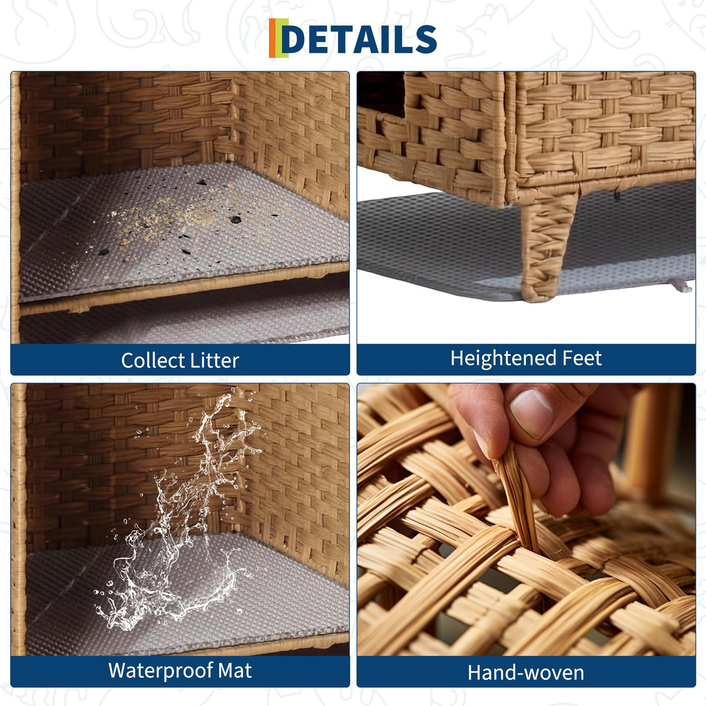 Garvee Cat Litter Box Enclosure Furniture Handwoven Rattan Hidden Washroom Large Space Natural for Living Room Bedroom