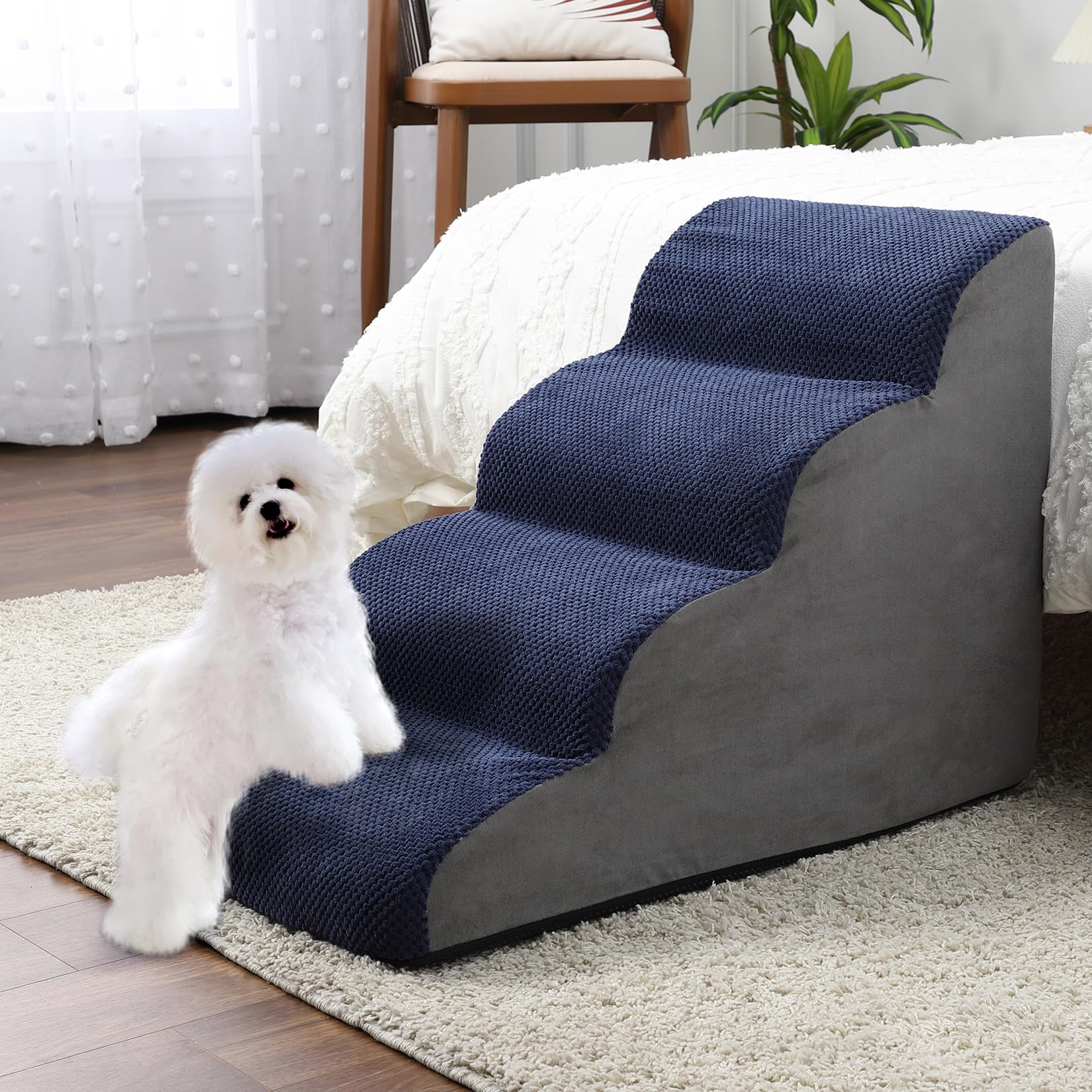 Garvee Dog Stairs for Small Dogs, High Density Foam Dog Stairs 4 Tiers with Non-Slip Bottom for for High Beds Or Couch, with Removable Cover, Best for Dogs Injured,Older Cats,Pets