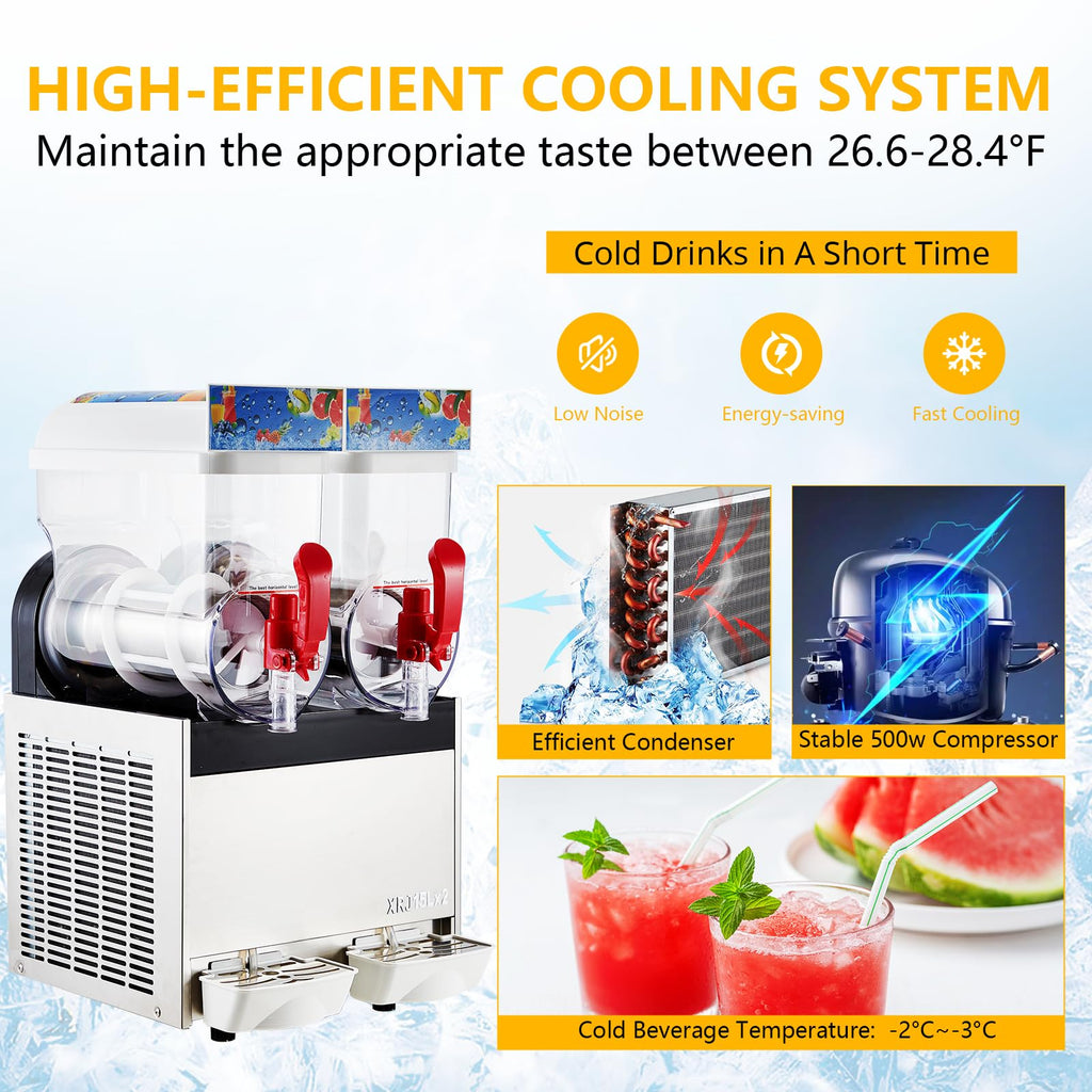 Garvee 15Lx2/7.92 Gals Commercial Slushy Machine Margarita Machine 500W Frozen Drink Machine Food-Grade PC Tanks for Restaurants Bars Pool Parties