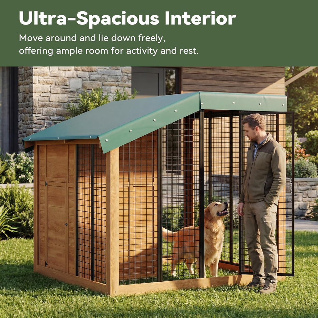 Garvee Large Outdoor Cedar Wood Dog House, Weatherproof Dog Kennel with Roof, Rear Door, Secure Lock & Built-in Storage Outdoor Safe Pet Shelter for Medium to Large Dogs, Wood