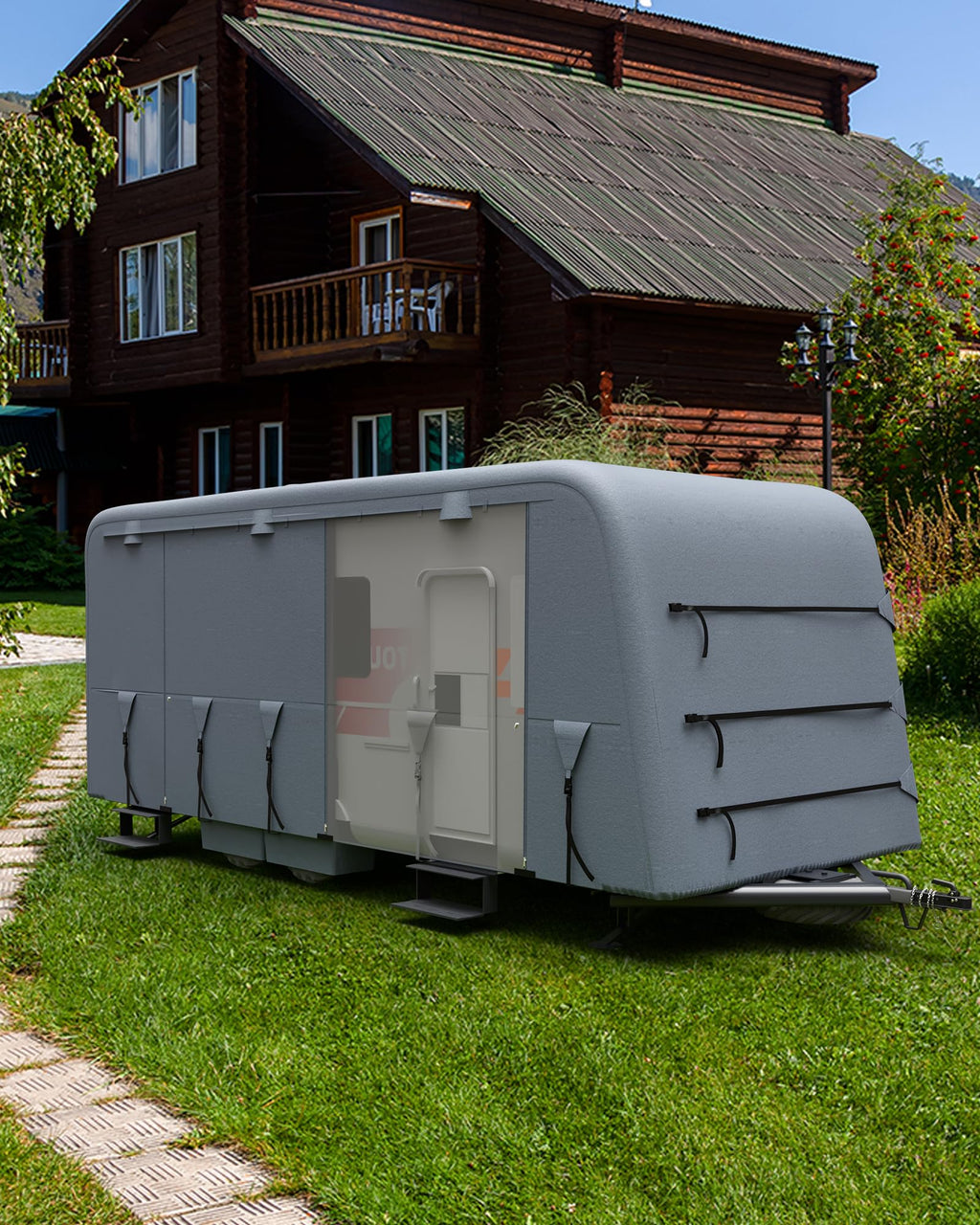 Garvee Travel Trailer Rv Cover, Windproof Camper Cover with Extra-Thick 6 Layers Anti-Uv Top Panel, Breathable, Water-Proof, Rip-Stop with 2Pcs Extra Straps & 4 Tire Covers, Fits 24'-27' Motorhome
