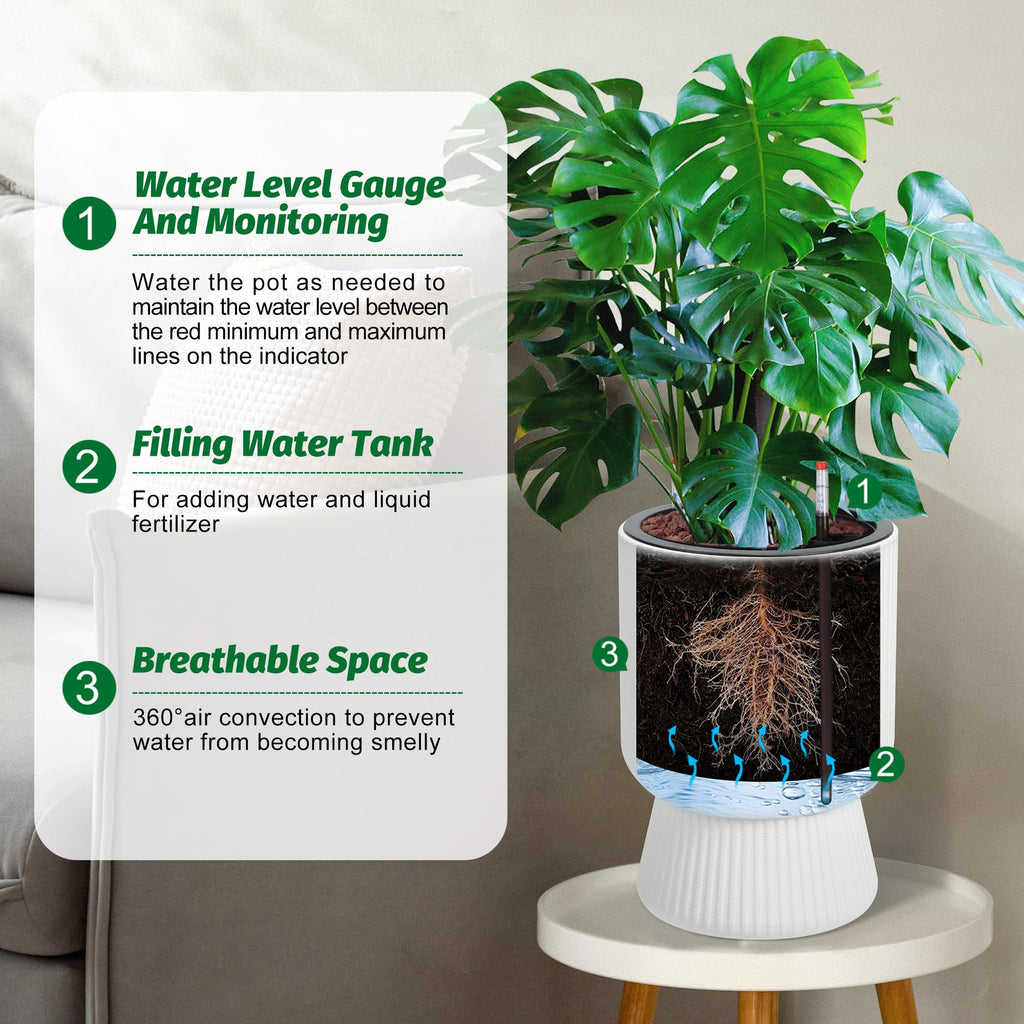 Garvee 14 Inch Plant Pots, Self Watering Planters Set of 2 with Drainage Holes, Tall planters for Indoor Plants, Flower Pots with Water Level Monitor, for Patio, Porch, Living Room, Home Office, White