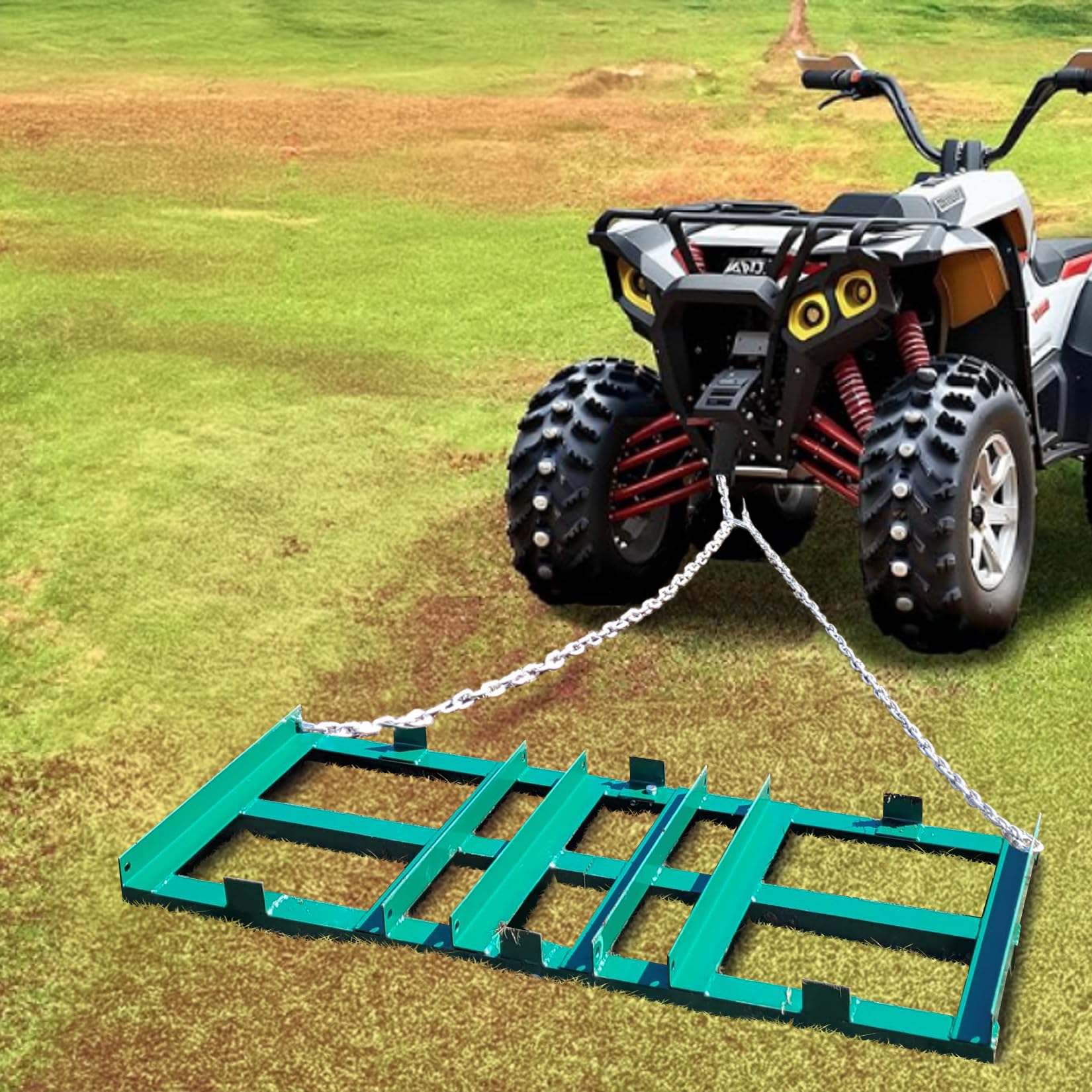 Garvee 4FT Driveway Drag Harrow for ATV, UTV & Tractor, Heavy-Duty Tow Behind Landscape Grader with 6FT Chain for Gravel, Soil, Yard & Field Leveling