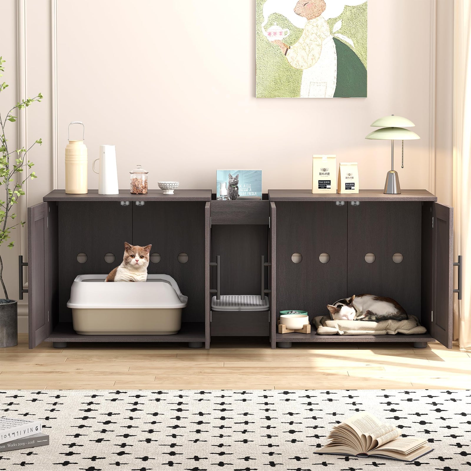 Garvee Hidden Litter Box Enclosure for 2 Cats, Double Room Cat Furniture Cabinet with Storage Groove & Odor-Reducing Mat, Wooden Cat Washroom Bench for Living Room, Dark Walnut