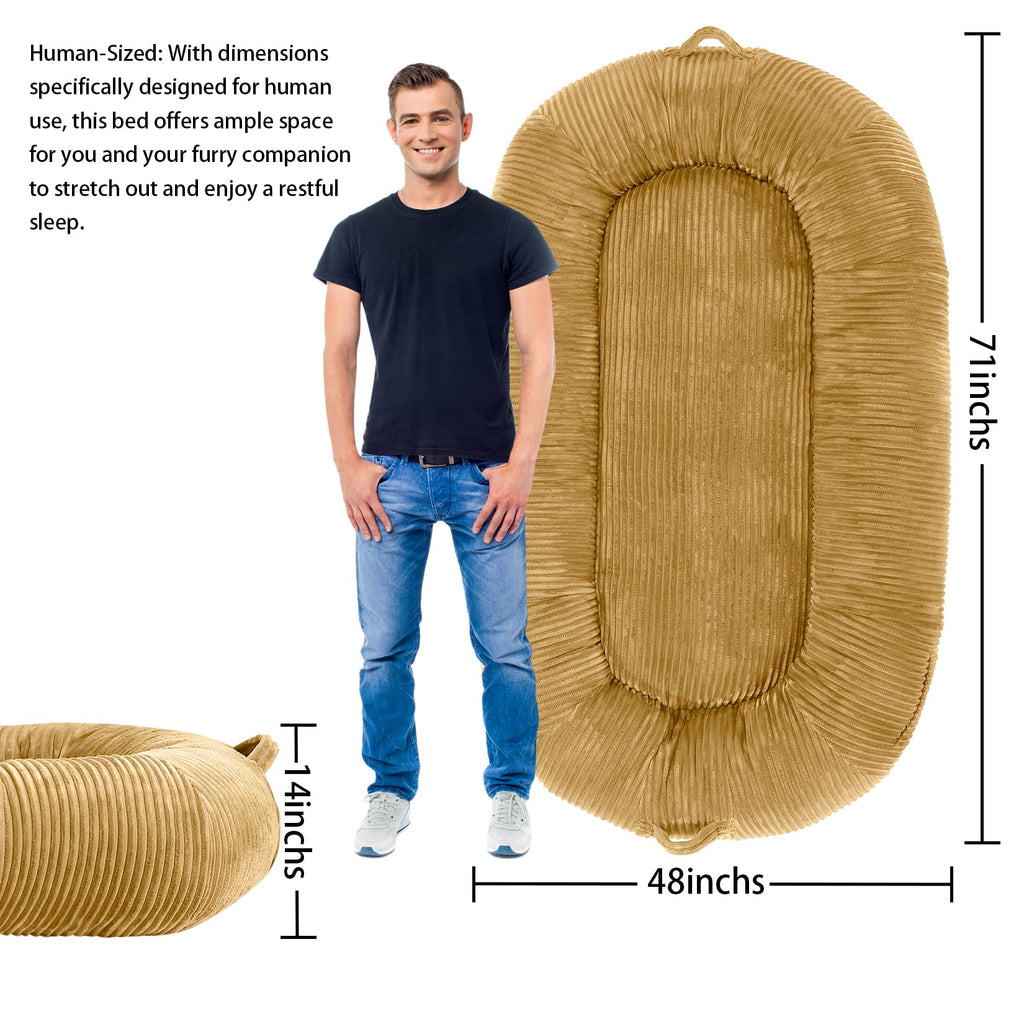 Garvee Dog Bed for Adult, Human Size Giant Dog Bed for Men and Women, 71”x48”x14” Human Dog Lazy Sofa Bed for People and Pets, Washable Strip Flannel Nap Bed Adult Oval, Human-Sized Dog Bed,Yellow