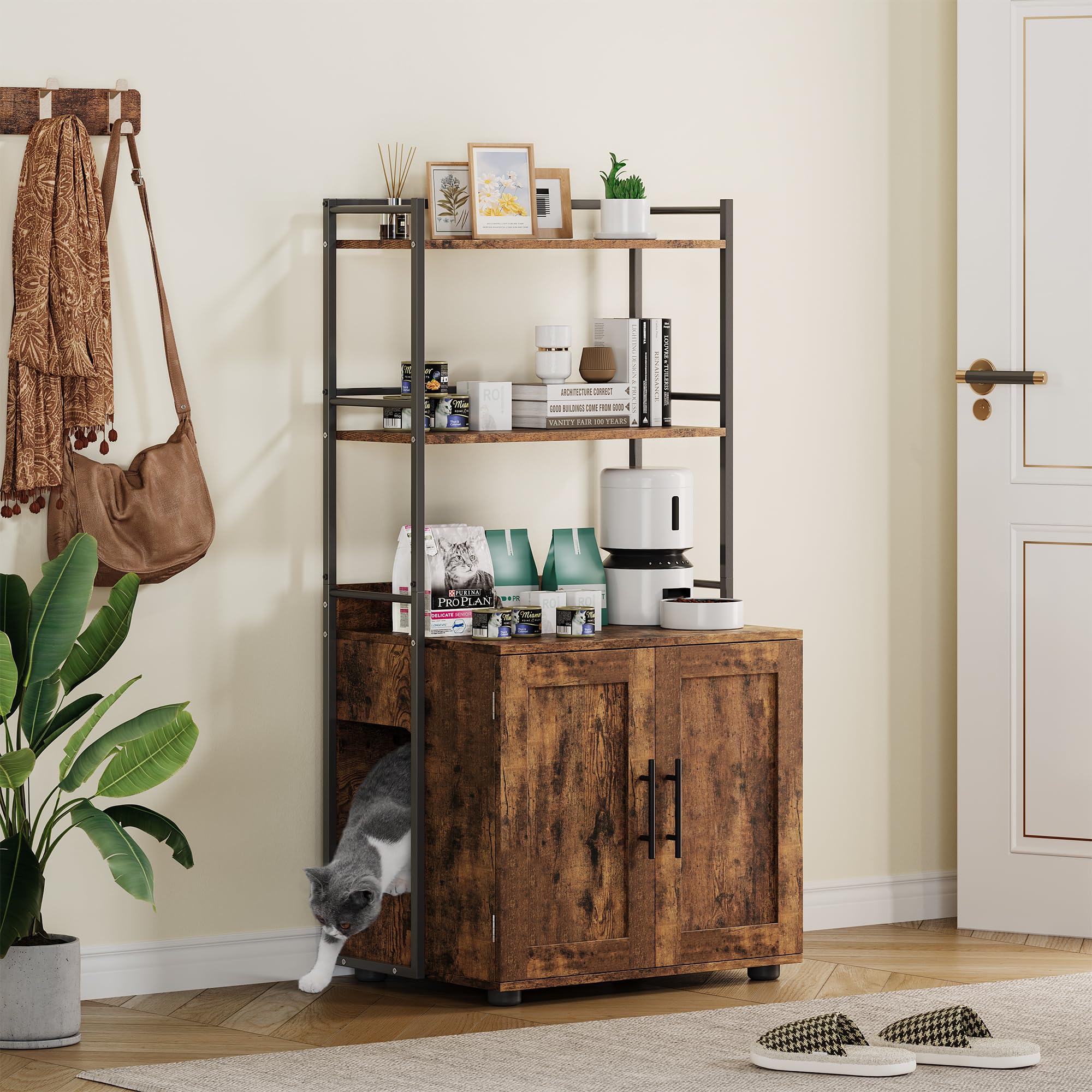 Garvee Cat Litter Box Enclosure + Hidden Cat Washroom + MDF Panel + 3 Shelves + Door + Indoor Cat Cabinet + Brown