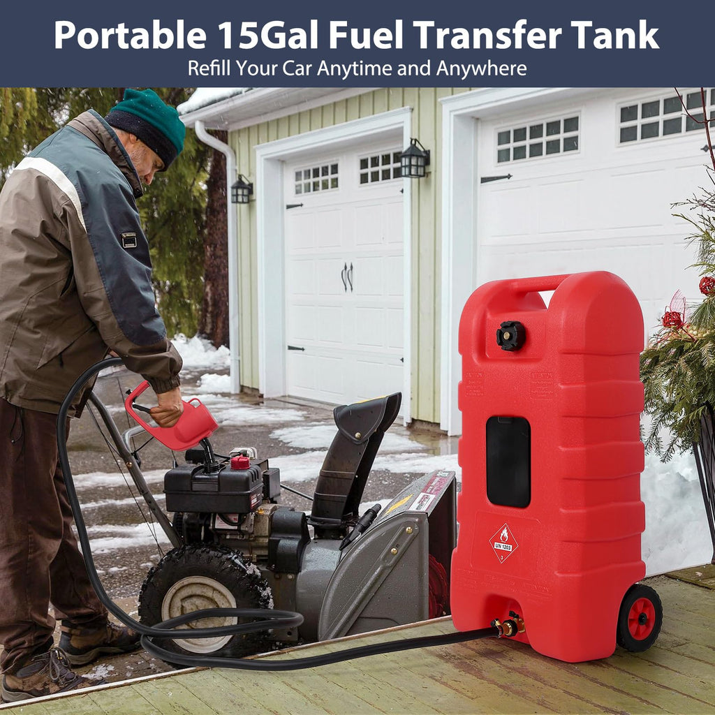 Garvee Fuel Caddy, 15 Gallon Portable Gas Fuel Tank Container with LE Fluid Transfer Siphon Pump and 10ft. Delivery Hose, Diesel Storage Can On-Wheels for Cars, Lawn Mowers, ATVs, Boats, Red